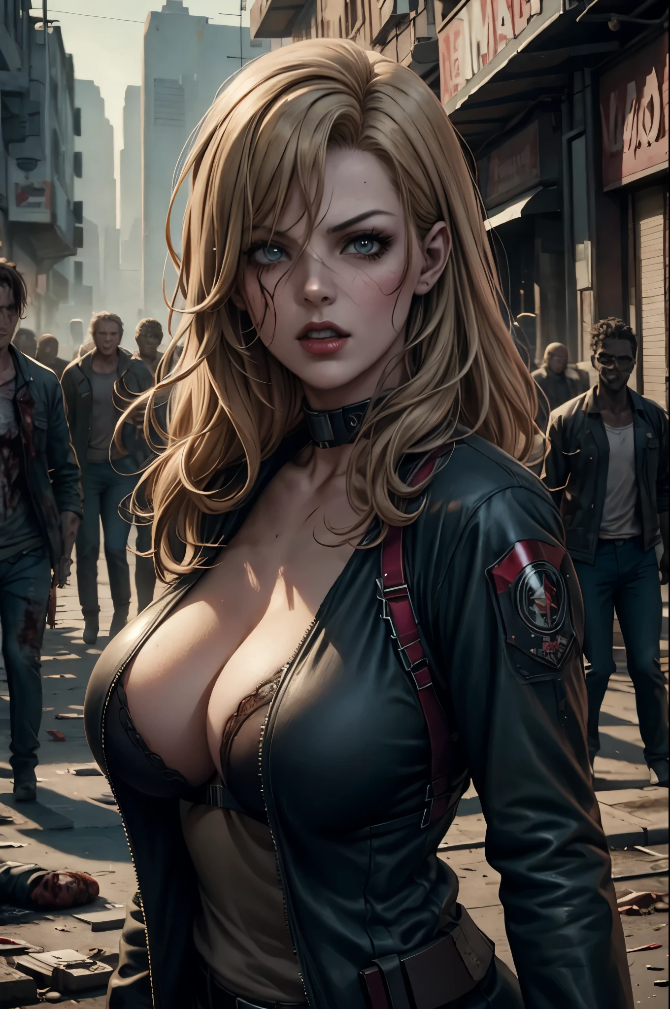 super fine illustration, ultra high resolution, masterpiece, highest quality, perfect shiny shinny skin, perfect lighting, detailed lighting, dramatic shadow, ray tracing, 1 beautiful white milf,  Alice Abernathy - Resident Evil Serieilla Jovovich:1.2)), looking at the viewer, small breasts, beautiful detailed hazel eyes, sharp face, clear eyes, red lips, long bangs, medium curly hair, blond hair, ((cyberpunk dark street)), ((background with zombie group)), Upper body, battle suit, military harness, looking back,