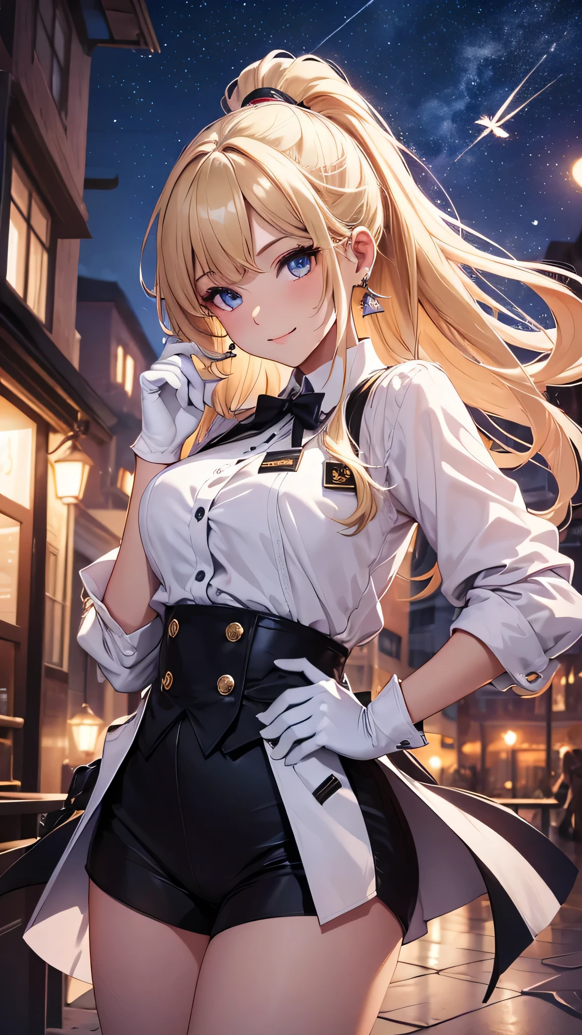 最high quality、best image quality、masterpiece、girl((20-year-old、 By becoming、vest bust、medium bust,wide open breast tea、shining eyes, blonde、long hair、thin,highest valley、ponytail、Very short shirt、short belly sports pants、cool pose、Please bring your smartphone、sweating、smile、forward leaning movement、diamond earrings、white gloves、cute pose)),high quality、beautiful art、background((Rooftop with great atmosphere at night、beautiful illumination))、Flight、debris flies、Depth of written boundary、movie、visual art、perfect art、8k,genuine、