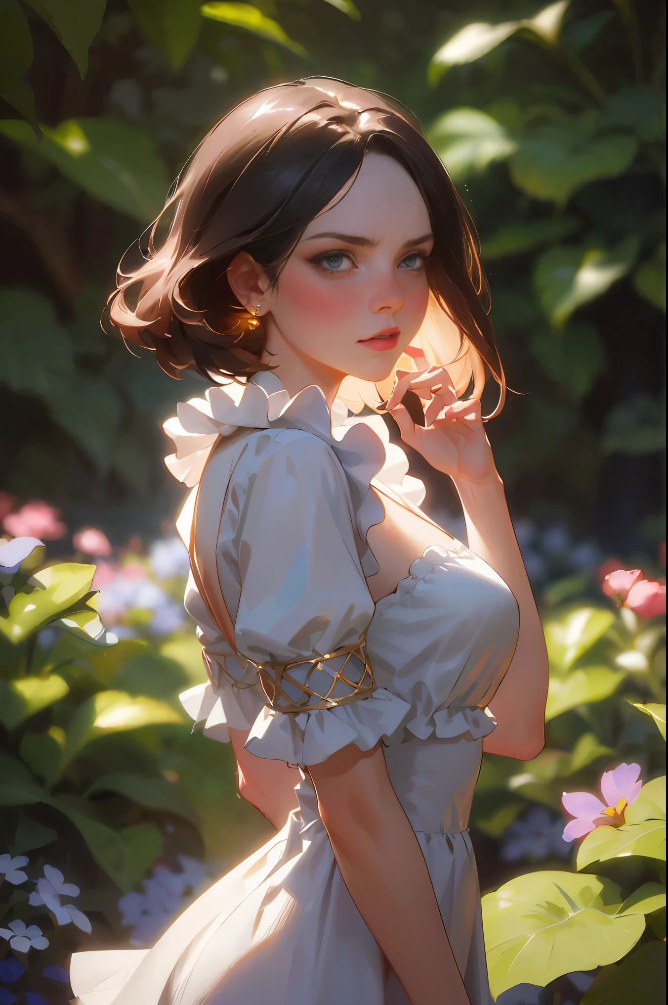 LNDSWGNR, (sharp focus: 1.5), (sharp focus:1.2), photo, Attractive young woman, (pretty face:1.1), delicate eyes, sweet lips, (bold red lip color:0.85), (medium breasts:1.0), (slim:1.2), wear (1980s ruffle dress:1.2) in a (botanical garden:1.2). (Moody's Lighting:1.2), depth of field, Bokeh, 4k, high dynamic range. go through (James C. Christensen:1.2|Jeremy Lipkin:1.1).