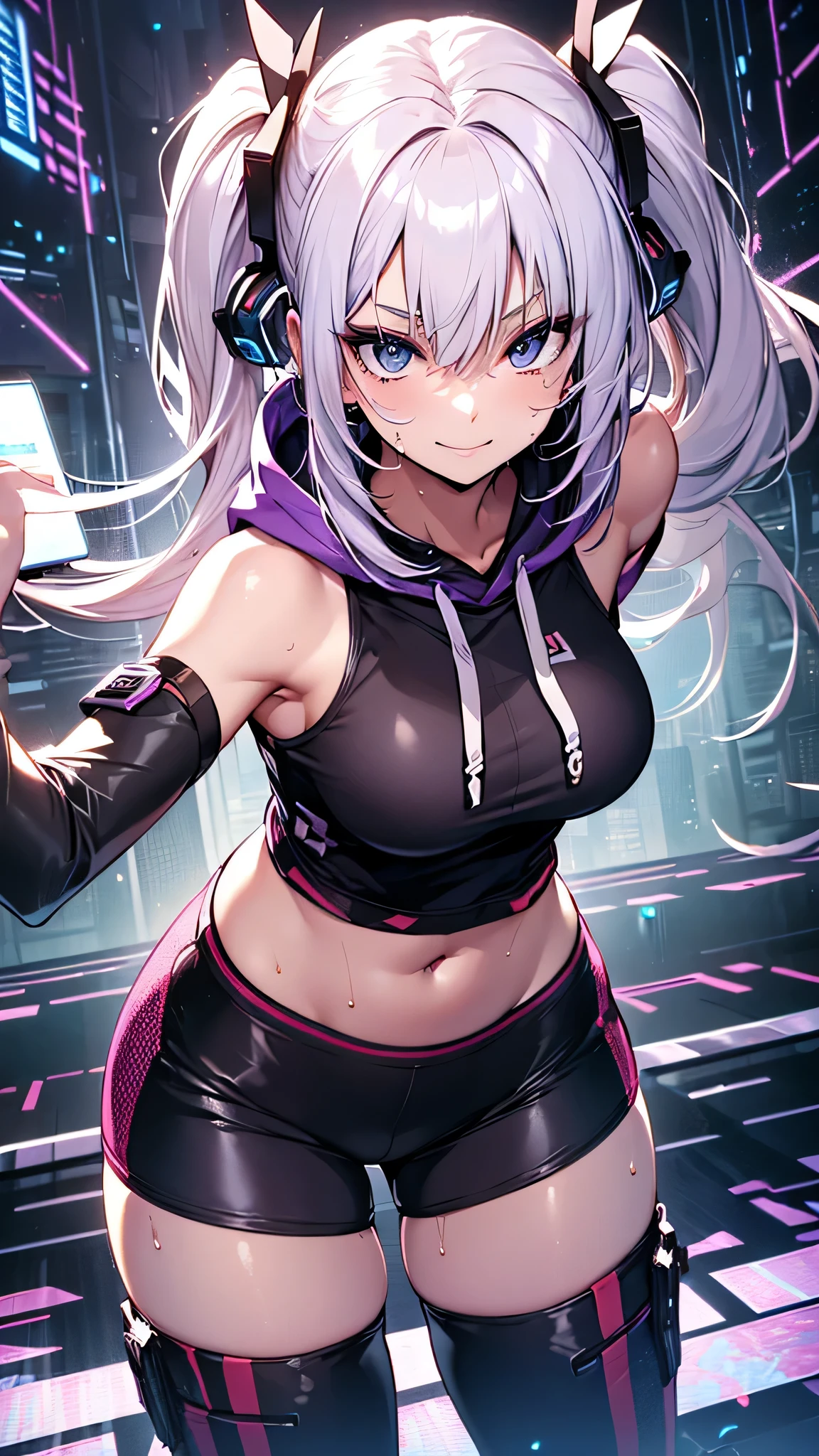 最high quality、best image quality、masterpiece、girl((20-year-old、 By becoming、vest bust、medium bust,wide open breast tea、shining eyes, silver hair、long hair、thin,highest valley、twin tails、right arm bandage、Black and purple hoodie with a wide open chest、short belly sports pants、cool pose、holding a black smartphone、sweating、smile、forward leaning movement、provocative pose)),high quality、beautiful art、background((cyber sports gym))、Flight、debris flies、Depth of written boundary、movie、visual art、perfect art、8k,genuine、