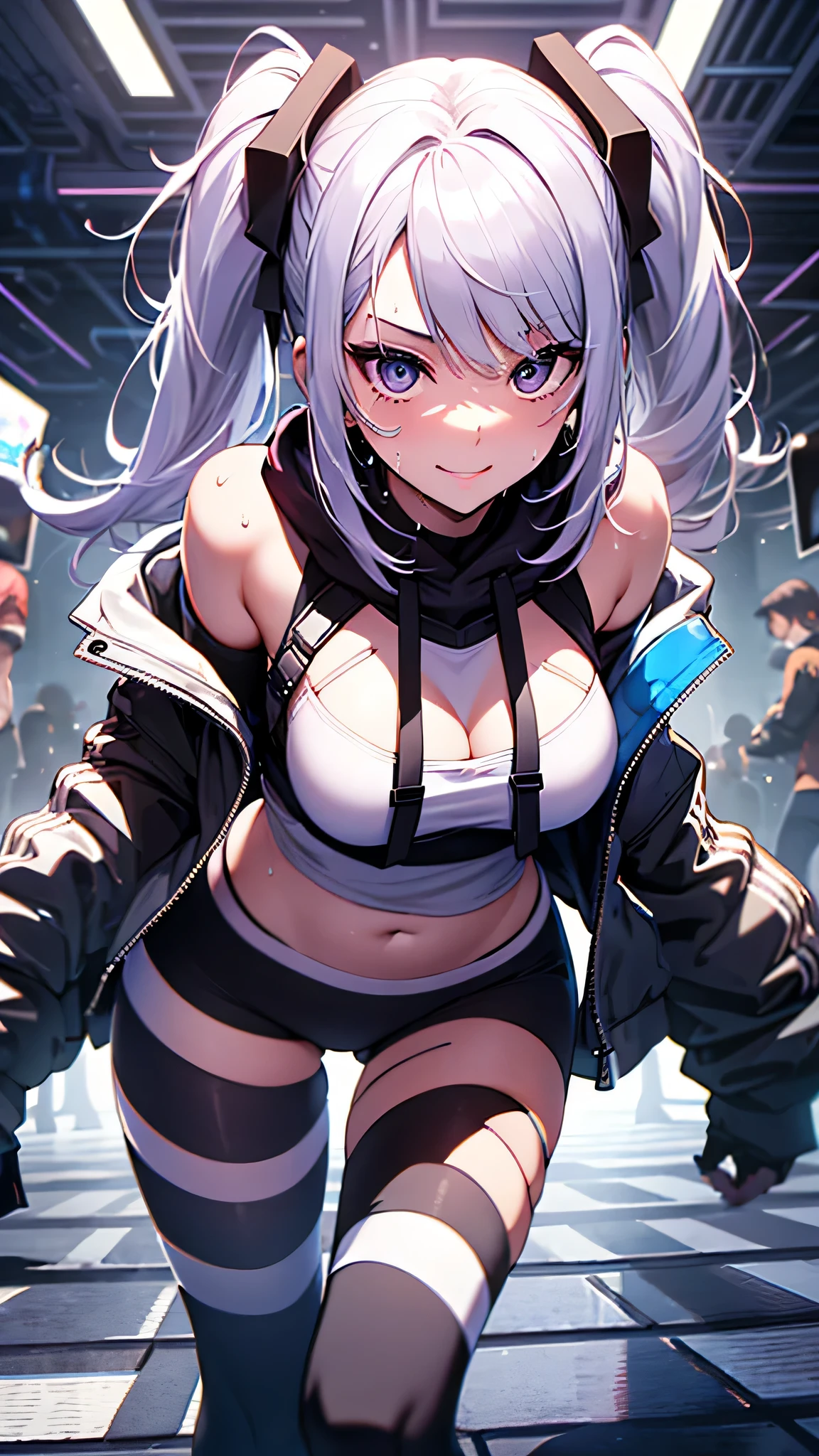 最high quality、best image quality、masterpiece、girl((20-year-old、 By becoming、vest bust、medium bust,wide open breast tea、shining eyes, silver hair、long hair、thin,highest valley、twin tails、right arm bandage、Black and purple hoodie with a wide open chest、short belly sports pants、cool pose、holding a black smartphone、sweating、smile、forward leaning movement、provocative pose)),high quality、beautiful art、background((cyber sports gym))、Flight、debris flies、Depth of written boundary、movie、visual art、perfect art、8k,genuine、