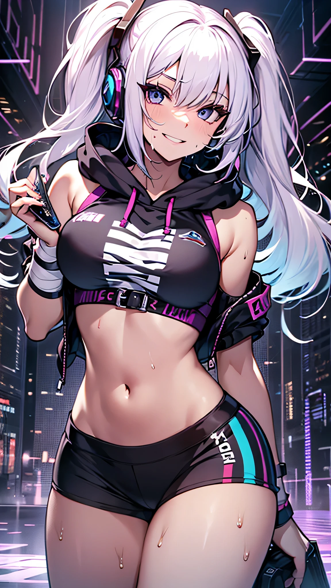 最high quality、best image quality、masterpiece、girl((20-year-old、 By becoming、vest bust、medium bust,wide open breast tea、shining eyes, silver hair、long hair、thin,highest valley、twin tails、right arm bandage、Black and purple hoodie with a wide open chest、short belly sports pants、cool pose、holding a black smartphone、sweating、smile、forward leaning movement、provocative pose)),high quality、beautiful art、background((cyber sports gym))、Flight、debris flies、Depth of written boundary、movie、visual art、perfect art、8k,genuine、