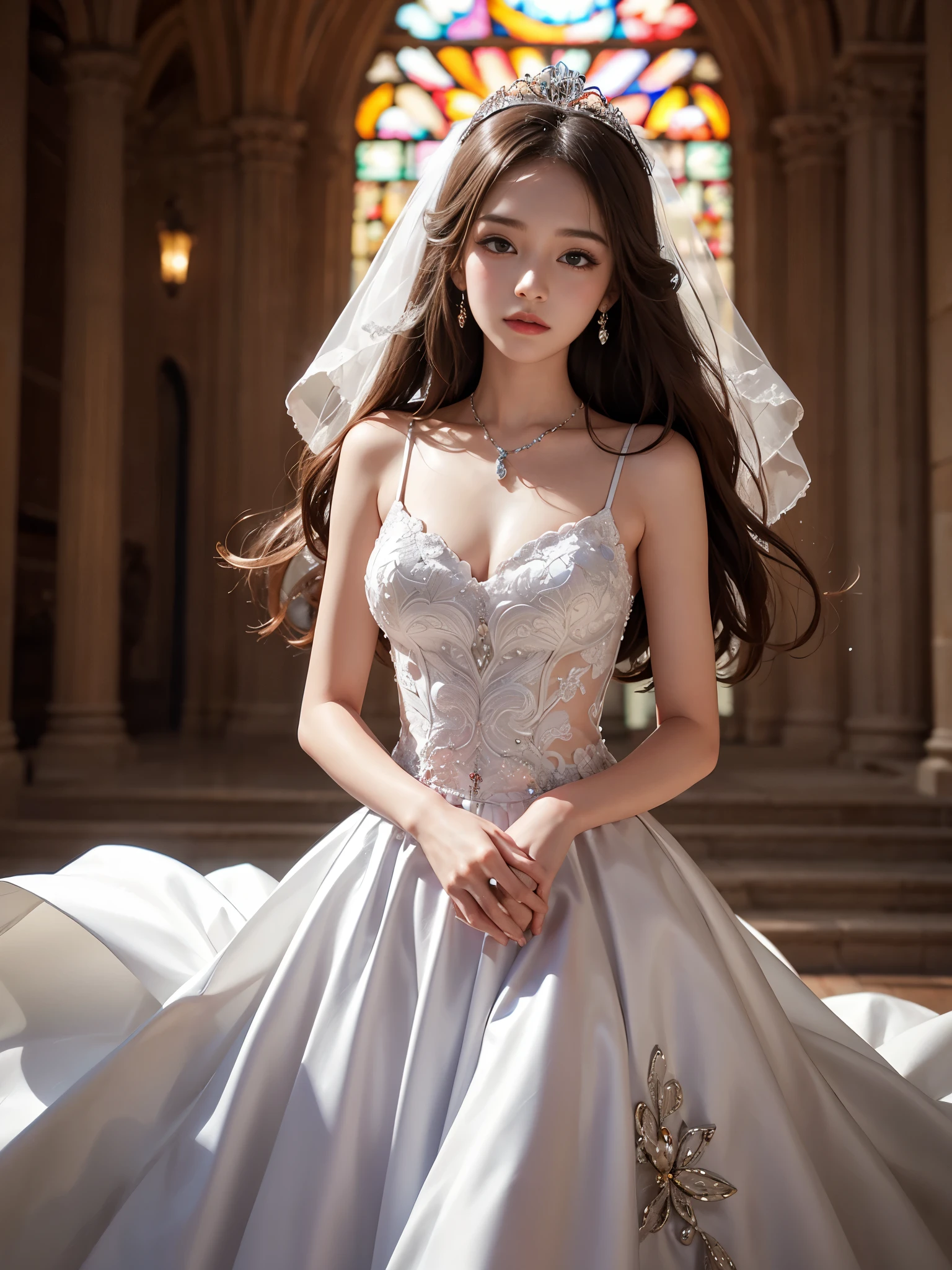 best quality, masterpiece, 1 girl, , shiny lips, sweet, sun glare, Conservative attire, Beaded bell-line wedding dress, bridal tiara, depth of field, blurred background, Cathedral Background, light particles, strong wind, head tilt, long hair,