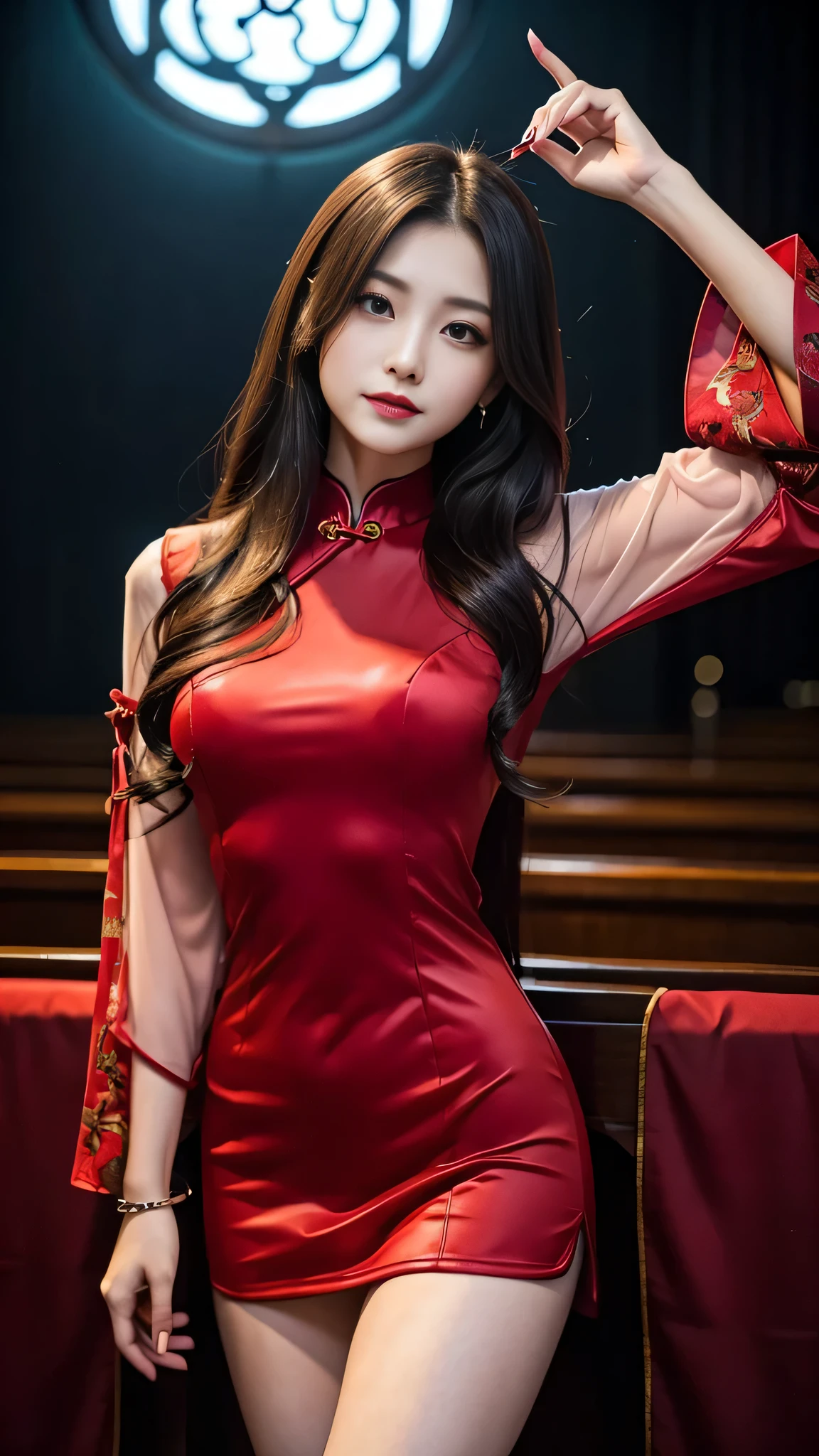 Super detailed、Japanese、charming beauty、seductive adult woman、Beautiful woman、sharp eyes、cool girl、wavy hair、China dress、wide sleeve、Lustrous legs、evilの幹部、evil depravity、brainwashing、Mind control、lipstick、grin、evilな表情、evil、empty eyes、evil、church at night、vampire、vampire、look down、Hypnosis、brainwashinging、Contrasting、Needle