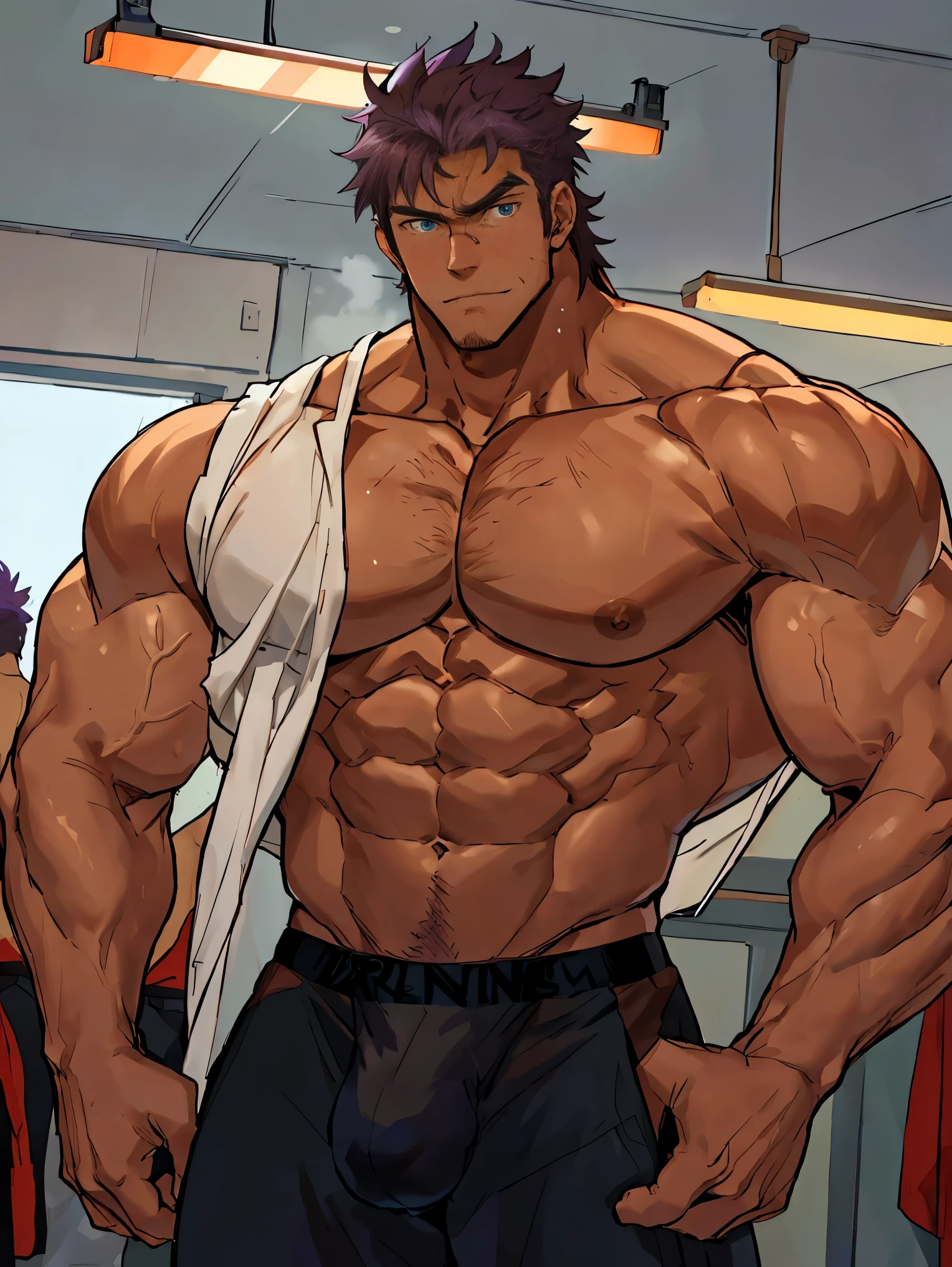 (The main character is taller than anyone else),(Wearing a sleeveless shirt and briefs),(masterpiece,best quality),1 person,boy,very shy,Face turned red,indifferent,muscular,delicate eyes,nude,(nude),blue eyes,,short blue-purple hair,(Fluorescent lamp),Robust,Dark brown skin,(a color),((In the dressing room)),Double,(hands hang down naturally),Turn slightly sideways,Anime ,anime wallpaper,Dilation of the pectoral muscles,Espalhe as pernas,sexy,(master part, best quality),((Exaggerated bulge of muscles)),The protagonist very tall and his head almost reaches the ceiling,muscular characters, super buff and cool, tall and muscular, muscular!!, very buff, muscular attractive men, massive muscles, big muscle, Muscular men, anime handsome men, muscular!, gigachad muscles, muscular bodies, muscular character,