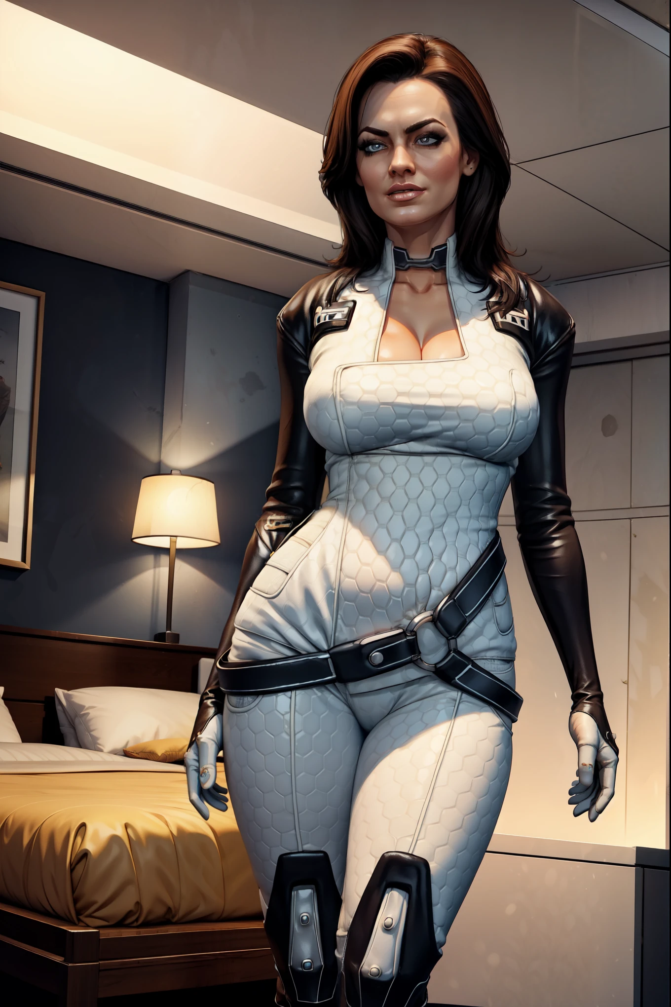 masterpiece, high detailed, best quality, highres:1.2, 1girl, solo, mature girl, Miranda Lawson, black hair, long hair, pretty face, blue eyes, bodysuit, choker, gloves, belt, boots, large breasts, cleavage, looking at viewer, indoors, spaceship interior, bedroom, standing, leaning to the camera, sexy pose, natural feminine hands, natural legs, full body shot, curious expression, opened mouth