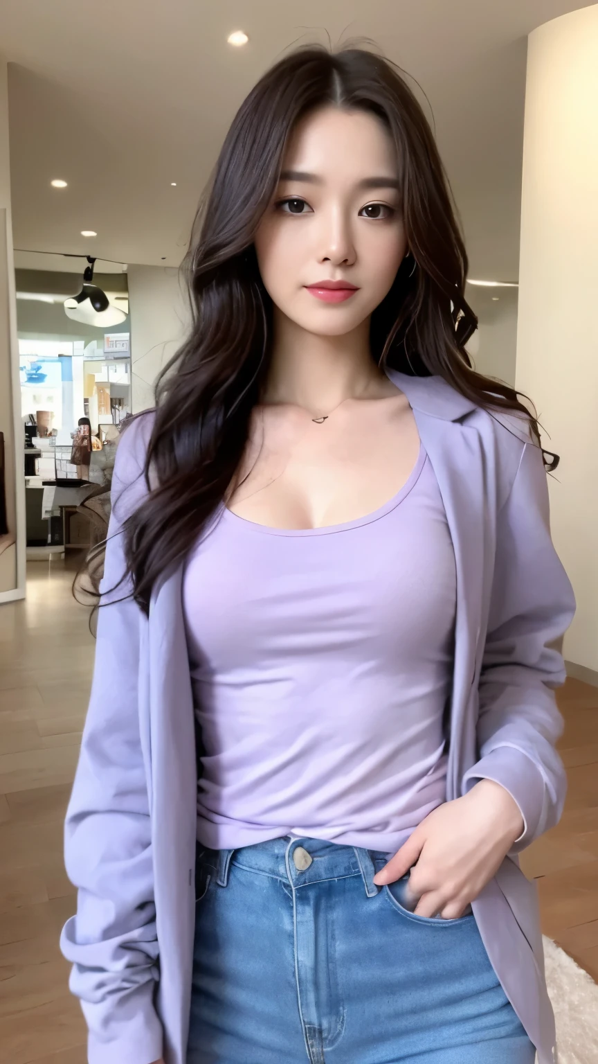((top-quality、8k、masterpiece:1.3))、Beautiful woman with perfect body:1.4、slim abdomen:1.2、Longhair, normal breast, Highly detailed facial and skin texture, A detailed eye, delicate eyes, double eyelid, (smile), (full body shot), ((shopping mall)), (standing), ((wearing purple t-shirt with jacket)), looking in front