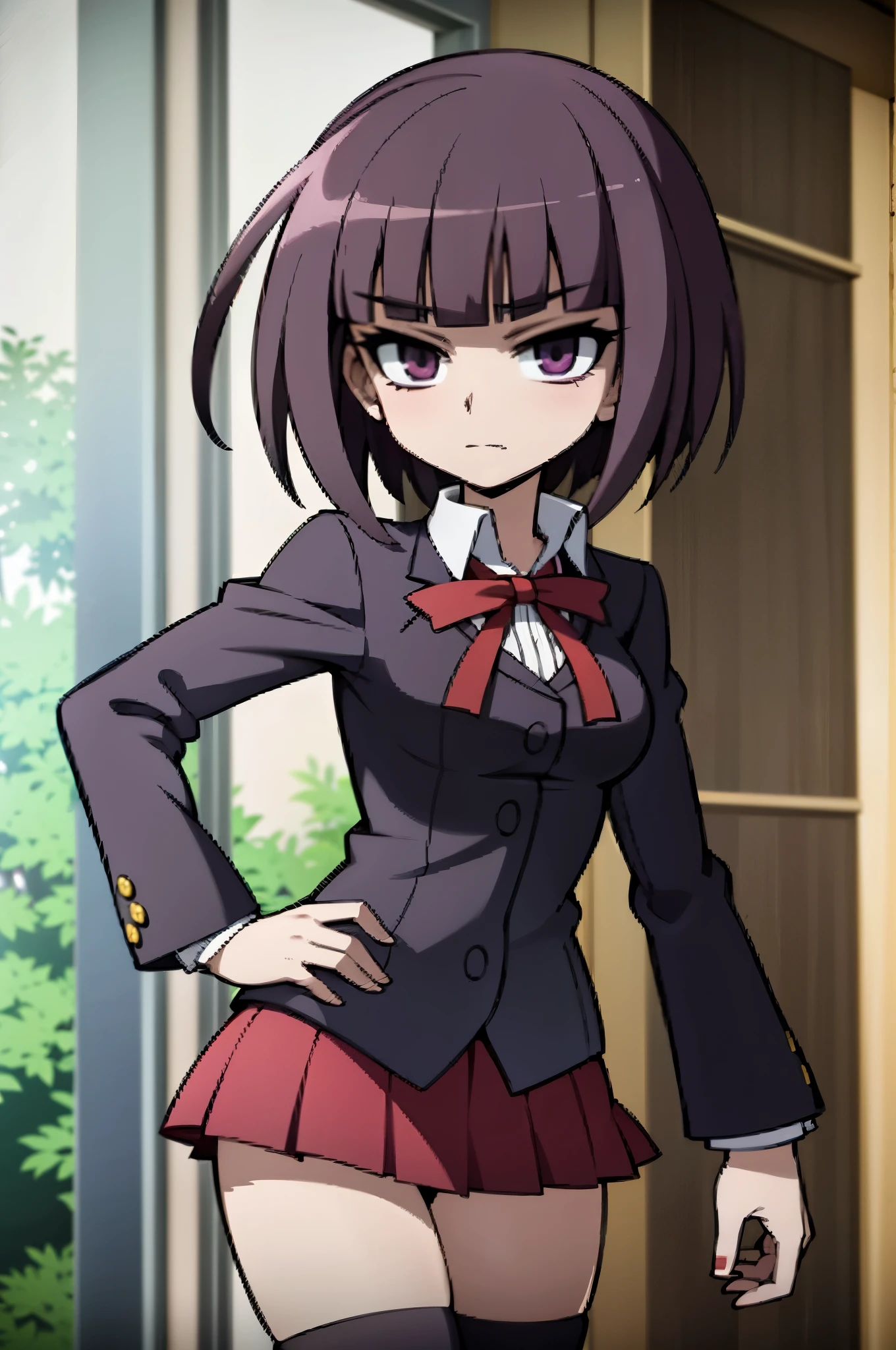 helena blavatsky, purple hair, short hair, (purple eyes:1.1),, anime in a school uniform posing for a picture, estilo de arte anime moe, Magic school uniform, cute anime, cute anime high school girl, Gamoe Yandere, black uniform, red pllaid skirt, young anime, retrato estilo anime, estilo anime 2d, arte cg de anime suave, ( anime), estilo anime, estilo de arte de anime de alta qualidade, estilo anime 4k, anime