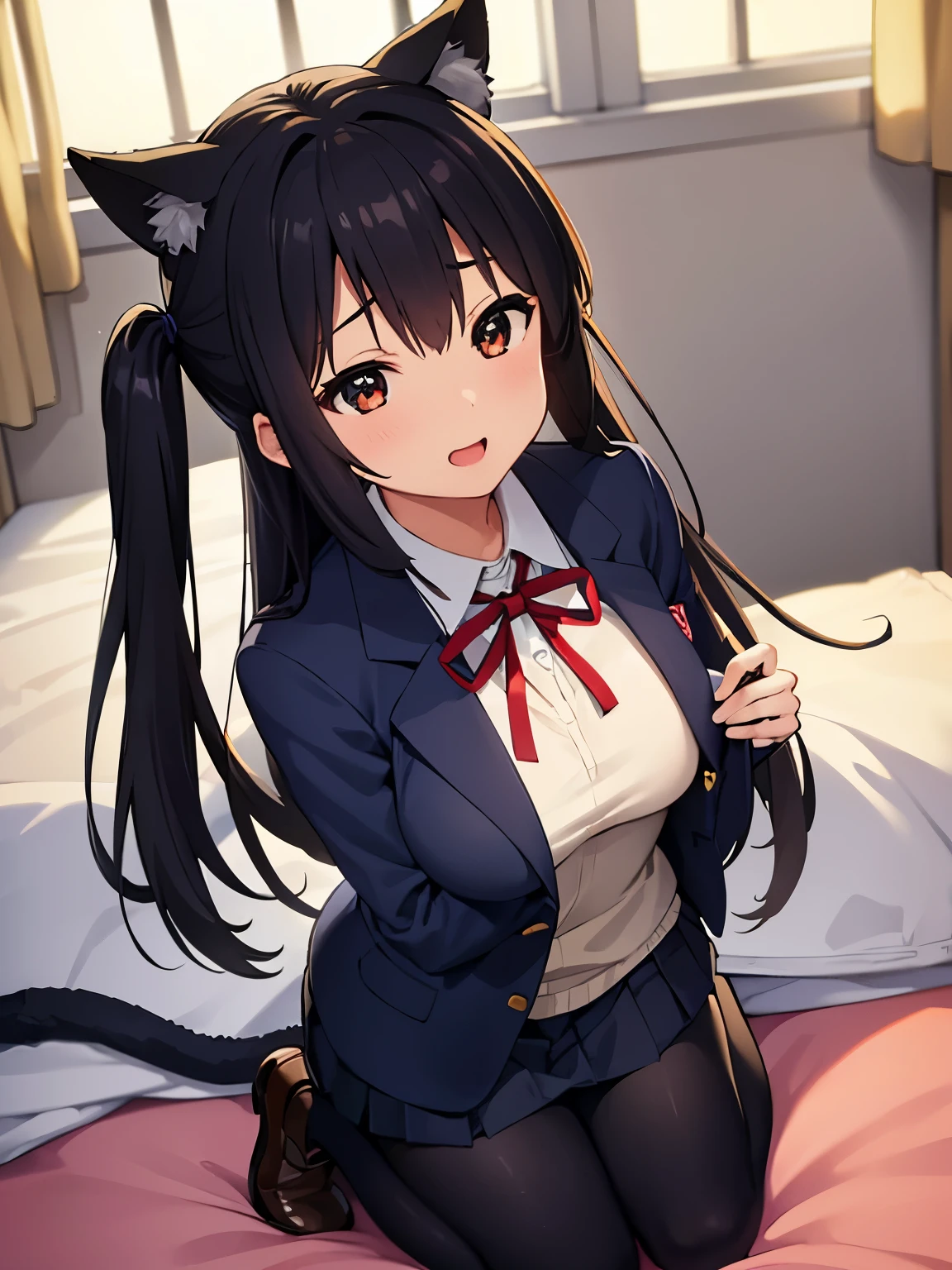 1girl, (((​masterpiece))),(((full body))), wallpaper HD, top-quality, top-quality, High Details, nakano azusa, 1girl, Sakuragaoka High School Uniform, student clothes, black cat ear, (((black cat ear))), Twin-tailed, length hair, A dark-haired, brown-eyed, solo, reddish, Dark blue blazer with thin red ribbon, Solid white buttoned shirt under blazer, sleep on the bed, illustratio, comic strip, soothing tones, Subdued Color, Soft cinematic light, adobe lightroom, photolab, HDR, intricately and hyper-detailed、(((depth of fields))))。(((​masterpiece)))。(((top-quality))).)((ultra-detailliert)))。(((illustratio)))。(((takeout))).dynamic focus.big breasts.(((home))).(((A bedroom))).(((Face of happiness))). open smile mouth.(((up chest))).((morning glow)).((the setting sun)).