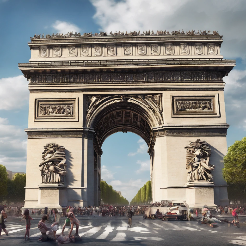 a girl standing in front of the arc de triomphe, detailed facial features, confident expression, flowing long hair, wearing a stylish dress, holding a bouquet of colorful flowers, surrounded by a crowd of people cheering, sunlight shining through the arches, capturing the joyous atmosphere, vibrant colors, oil painting style, high resolution, ultra-detailed, professional lighting, emphasizing the architectural details of the arc de triomphe, creating a sense of grandeur and elegance.