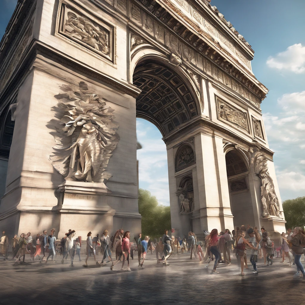 a girl standing in front of the arc de triomphe, detailed facial features, confident expression, flowing long hair, wearing a stylish dress, holding a bouquet of colorful flowers, surrounded by a crowd of people cheering, sunlight shining through the arches, capturing the joyous atmosphere, vibrant colors, oil painting style, high resolution, ultra-detailed, professional lighting, emphasizing the architectural details of the arc de triomphe, creating a sense of grandeur and elegance.