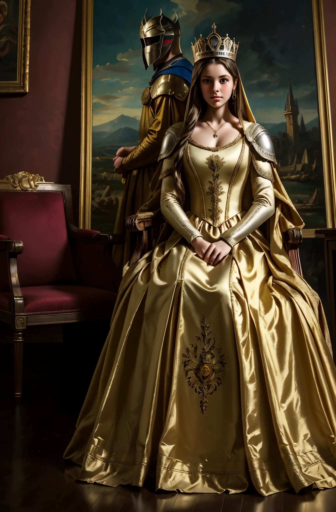 portrait, girl, middle ages, classicism, andrey atroshenko style, painting, traditional media, realistic, figurative, fine art, oil on canvas, HDR, 8K, original character, high resolution, high detail, focus on the face, COXAS GROSSAS, PERNAS LONGAS E BELAS, DONZELA JOVEM, MUSA, PRINCESA MEDIVAL, middle Ages, ARMADURA DE PRATA, VESTIDO DE PRATA, SENTADA, PERNAS DESCOBERTAS, SENTADA EM UM TRONO, SENTADA DE LADO