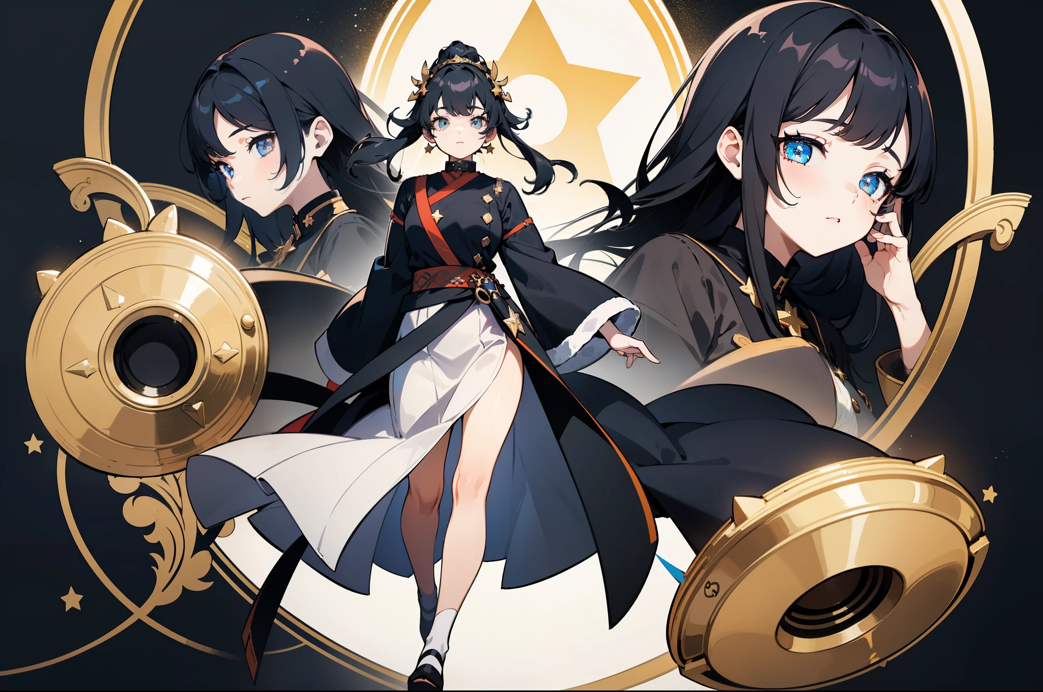 ((masterpiece, best quality)), Detailed face, character table, full body female, full of details, Various poses and expressions, Very detailed, depth, many parts, 1 girl , Children all over,black hair,黑Eye圈, , black collar, Eye, Star (symbol), pupils in symbol shapes