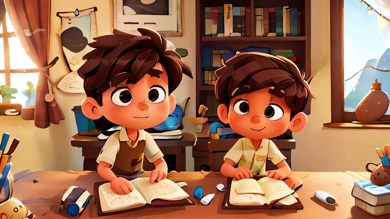 Junaid a white little boy brown hair sitting at the kitchen table, flipping through his favorite book of adventure tales. Disney Pixar