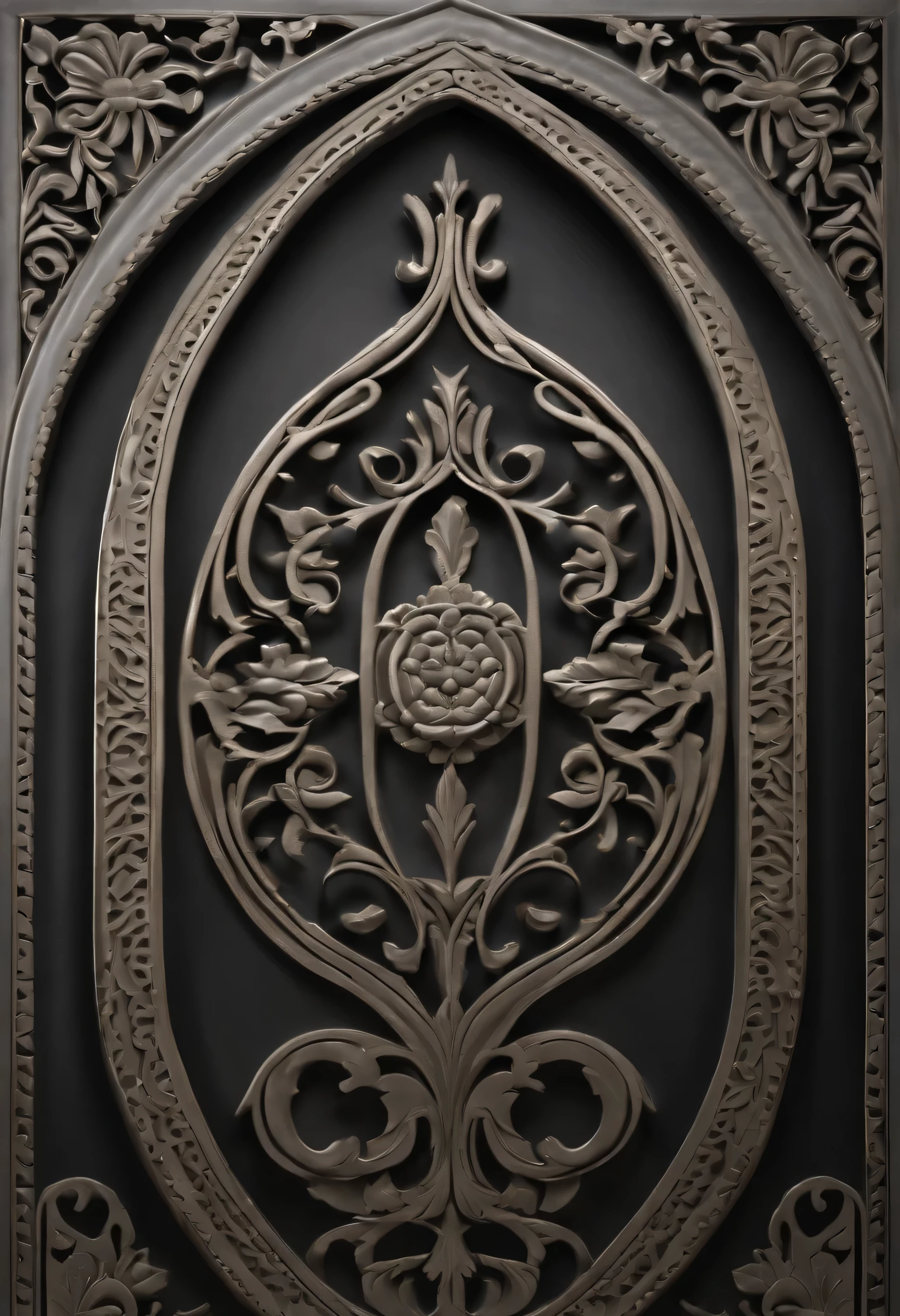 Create an image of the gate that features an exquisite embossed artistic pattern on a dark gray background. The pattern should be a harmonious blend of abstract shapes and organic motifs, creating a visually stunning and cohesive design. The embossed details should seem to emerge subtly from the background, giving the pattern a delicate sense of depth and texture. The interplay of light and shadows should be carefully crafted to accentuate the three-dimensional quality of the embossed design, making it appear as if one could reach out and feel the texture. The overall ambiance of the image should exude sophistication and elegance, with the dark gray backdrop serving to enhance the intricate beauty of the embossed pattern. The color scheme should be a sophisticated palette of grays, with variations in tone to emphasize the embossed effect and create a timeless, monochromatic aesthetic