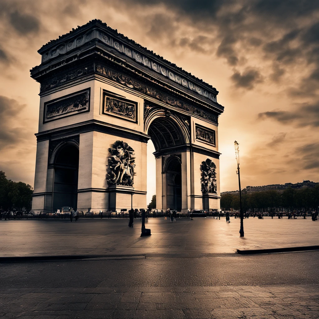 arc de triomphe,stone structure,iconic landmark,monument,Paris,France,imposing architecture,historical,beautifully sculpted details,grand and majestic,circular design,towering columns,ornate sculptures,statues of soldiers,victory,commemoration,impressive size,imposing presence,central position in Paris,visited by tourists,historical significance,tribute to French soldiers,eternal flame of remembrance,heroic symbolism,arch of triumph,symbol of national pride,glorious history,awe-inspiring,architectural masterpiece,prominent feature of Champs-Élysées,illuminated at night,traffic circle,vehicles passing beneath,memorial,tribute to fallen soldiers,memories of past wars,celebration of victory,resilience and determination,vibrant and bustling city,bronze relief carvings,soaring height,emblem of France,monumental gateway,admired from different angles,elegant and timeless design,photogenic landmark,impressive work of art,colorful flags flying,detailed craftsmanship,journey through history,timeless beauty.