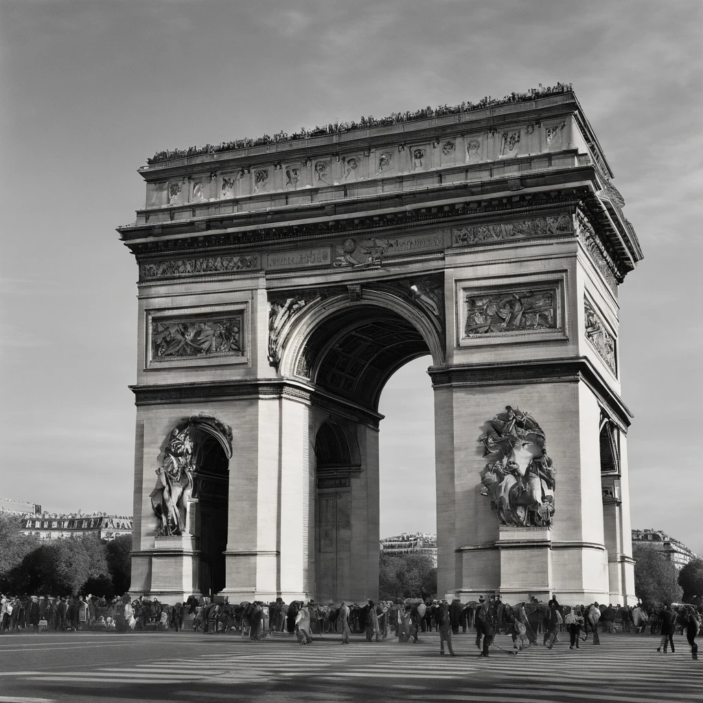 arc de triomphe,stone structure,iconic landmark,monument,Paris,France,imposing architecture,historical,beautifully sculpted details,grand and majestic,circular design,towering columns,ornate sculptures,statues of soldiers,victory,commemoration,impressive size,imposing presence,central position in Paris,visited by tourists,historical significance,tribute to French soldiers,eternal flame of remembrance,heroic symbolism,arch of triumph,symbol of national pride,glorious history,awe-inspiring,architectural masterpiece,prominent feature of Champs-Élysées,illuminated at night,traffic circle,vehicles passing beneath,memorial,tribute to fallen soldiers,memories of past wars,celebration of victory,resilience and determination,vibrant and bustling city,bronze relief carvings,soaring height,emblem of France,monumental gateway,admired from different angles,elegant and timeless design,photogenic landmark,impressive work of art,colorful flags flying,detailed craftsmanship,journey through history,timeless beauty.