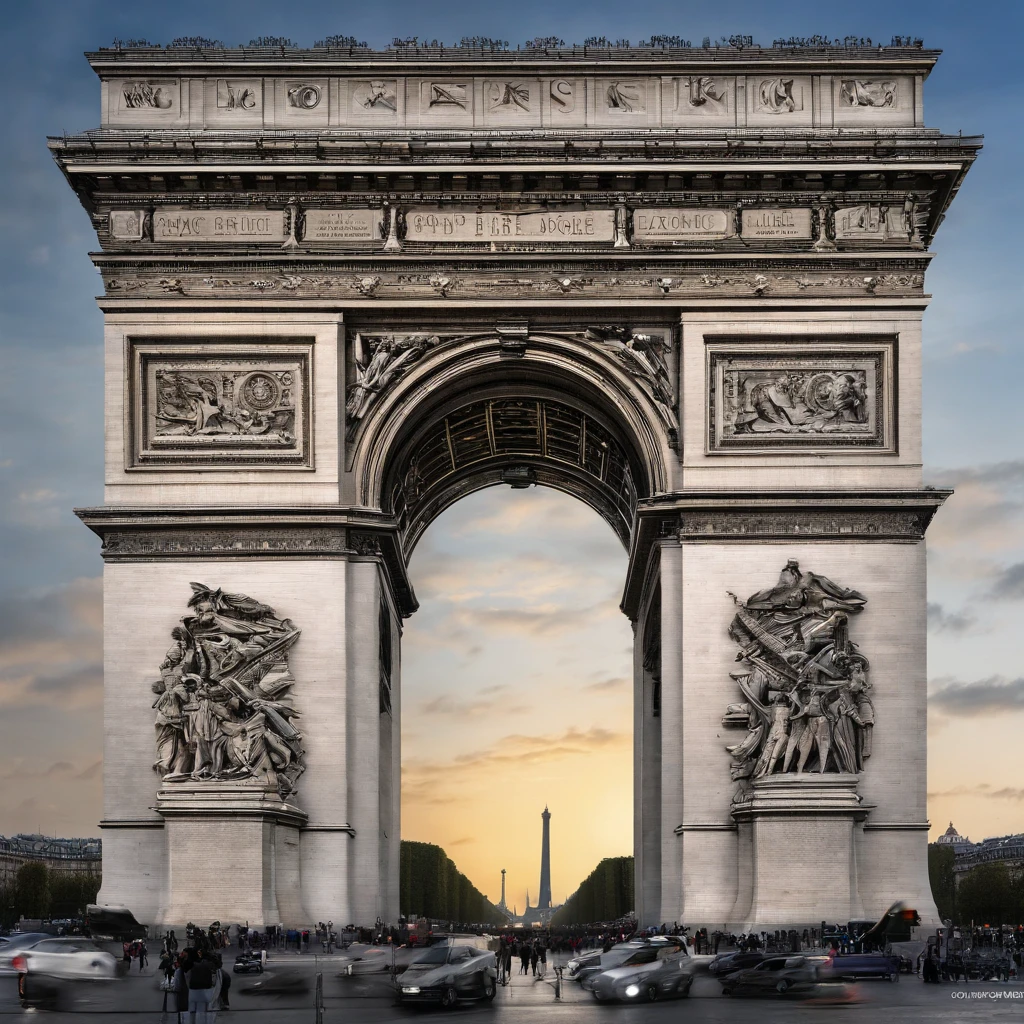 arc de triomphe,stone structure,iconic landmark,monument,Paris,France,imposing architecture,historical,beautifully sculpted details,grand and majestic,circular design,towering columns,ornate sculptures,statues of soldiers,victory,commemoration,impressive size,imposing presence,central position in Paris,visited by tourists,historical significance,tribute to French soldiers,eternal flame of remembrance,heroic symbolism,arch of triumph,symbol of national pride,glorious history,awe-inspiring,architectural masterpiece,prominent feature of Champs-Élysées,illuminated at night,traffic circle,vehicles passing beneath,memorial,tribute to fallen soldiers,memories of past wars,celebration of victory,resilience and determination,vibrant and bustling city,bronze relief carvings,soaring height,emblem of France,monumental gateway,admired from different angles,elegant and timeless design,photogenic landmark,impressive work of art,colorful flags flying,detailed craftsmanship,journey through history,timeless beauty.