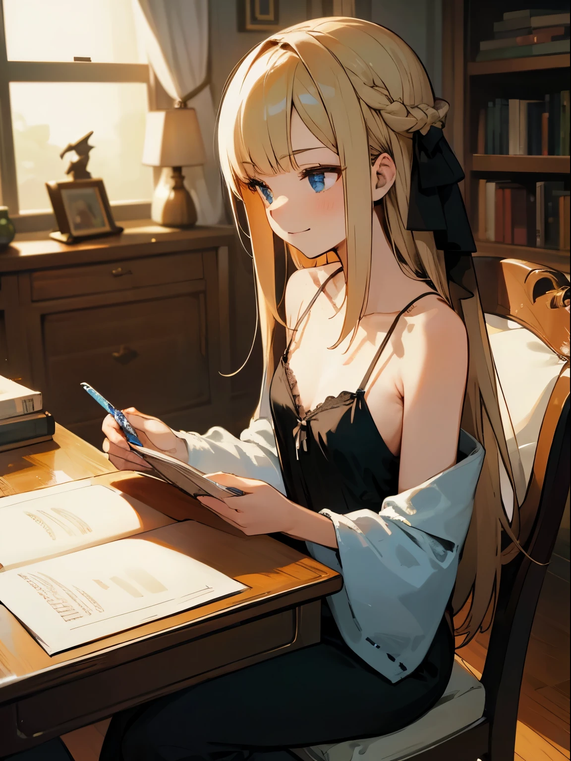 Reines, 1girl, high quality, best quality, illustration, masterpiece, (highly detailed:1.2), (extremely detailed:1.3), flat chest, camisole, spaghetti straps, backless, bare shoulders, young girl, braid, (children:1.2), , in a house, sitting on chair, smiling, studying, reading on desk, detachable sleeve