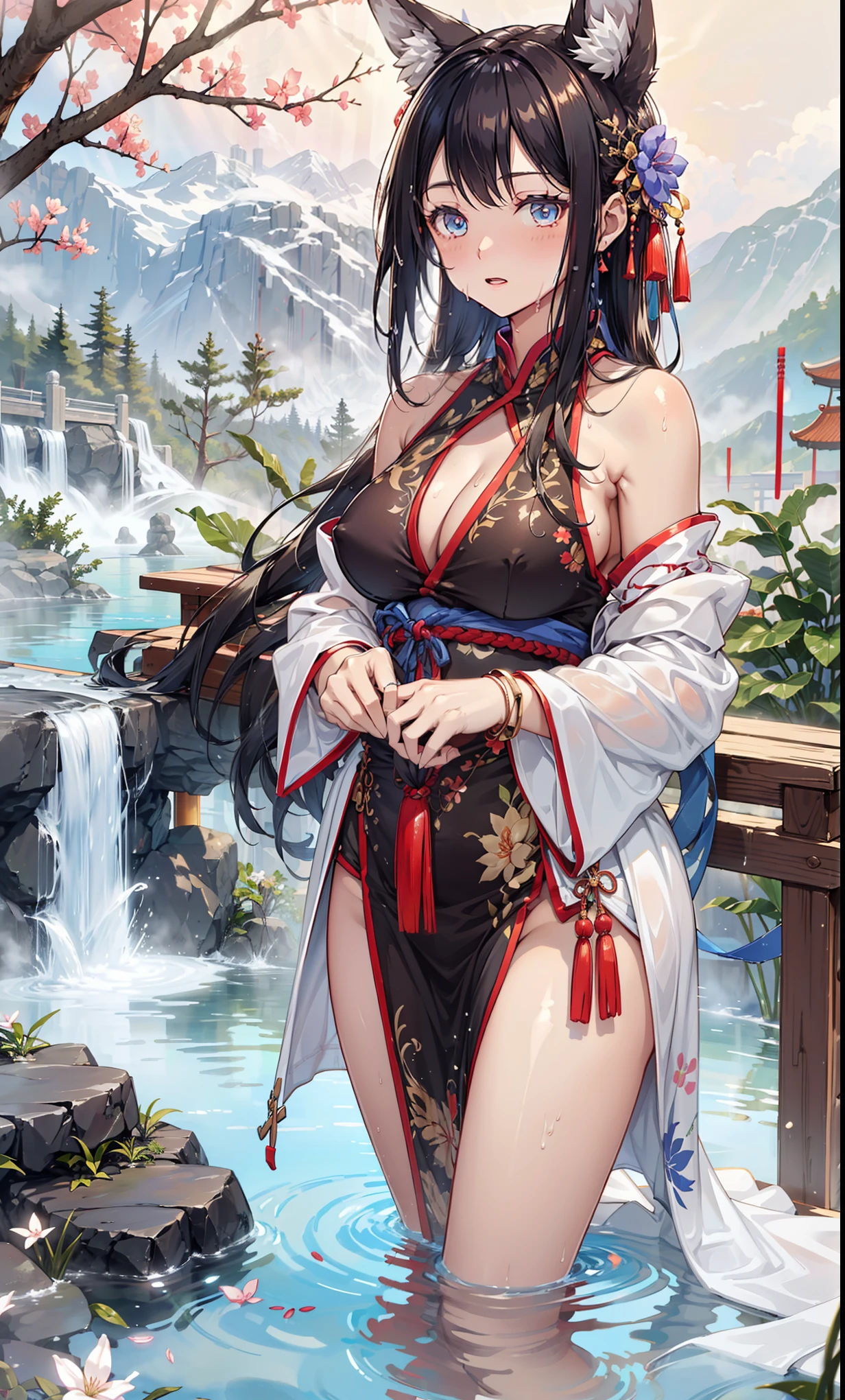 top quality,best resolution,(Drenched white long cheongsam),Super detailed, She has a white twin tail,girl,charm,Design intricate clothes,blue eyes,Distant view of forest and mountains,Elegant and charming,((Wet people,The background is an ancient Chinese hot spring)),(leg rings,anklet,fog),night,little lighting,charm的姿势