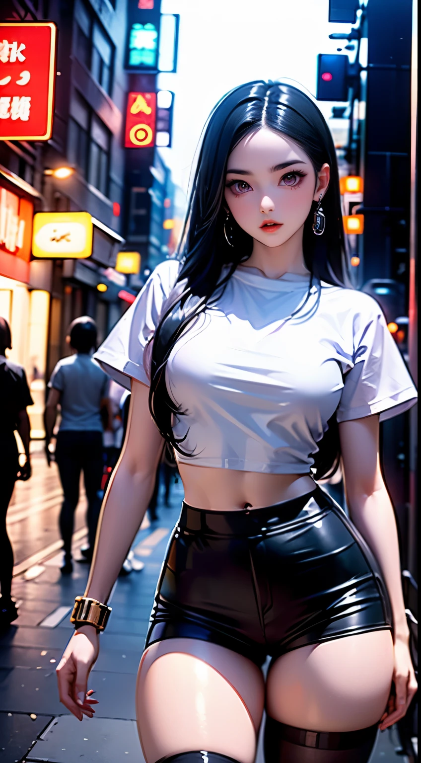 masterpiece,best quality,high resolution, 1 girl,from below,(The legs are very thin and straight)，,(legs are very long，straight legs),,High heel,long legs,stand up, Leg length when viewed from the front, Perfect body,Have perfect legs,(Exterior)，Full body female love，cyberpunk characters，dynamic poses，1 girl，exquisite eyes，brown eyes，eye shadow，make up，long white hair， Detailed face， delicate eyes， looking at the audience， blush\（make up\）， full lips， red lips，（long white hair：1.3）， （stand up）mechanical static，machine summon，(hair accessories:1.1)，Headgear，((((Blue short T-shirt，short shorts))))，(black stockings)，City，Luminous winding，Holding a long sword in hand，arms，cyberpunk lamp:1.1)，neon lights，Fully mechanical and futuristic elements，science and technology，背景是一條中國傳統的street，China Town， street， sky sky， cyberpunk characters， paper lantern， Neon Super Resolution，（Realism：1.3），1（Slim：1.2），dramatic lighting，Vibrant details，Luxury Cyberpunk，complex background，Render by Octane，