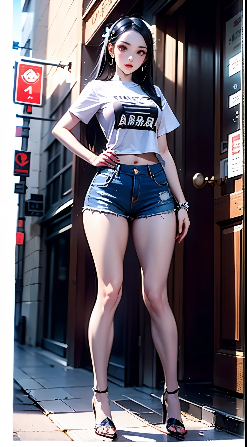masterpiece,best quality,high resolution, 1 girl,from below,(The legs are very thin and straight)，,(legs are very long，straight legs),,High heel,long legs,stand up, Leg length when viewed from the front, Perfect body,Have perfect legs,(Exterior)，Full body female love，cyberpunk characters，dynamic poses，1 girl，exquisite eyes，brown eyes，eye shadow，make up，long white hair， Detailed face， delicate eyes， looking at the audience， blush\（make up\）， full lips， red lips，（long white hair：1.3）， （stand up）mechanical static，machine summon，(hair accessories:1.1)，Headgear，((((Blue short T-shirt，short shorts))))，(black stockings)，City，Luminous winding，Holding a long sword in hand，arms，cyberpunk lamp:1.1)，neon lights，Fully mechanical and futuristic elements，science and technology，背景是一條中國傳統的street，China Town， street， sky sky， cyberpunk characters， paper lantern， Neon Super Resolution，（Realism：1.3），1（Slim：1.2），dramatic lighting，Vibrant details，Luxury Cyberpunk，complex background，Render by Octane，