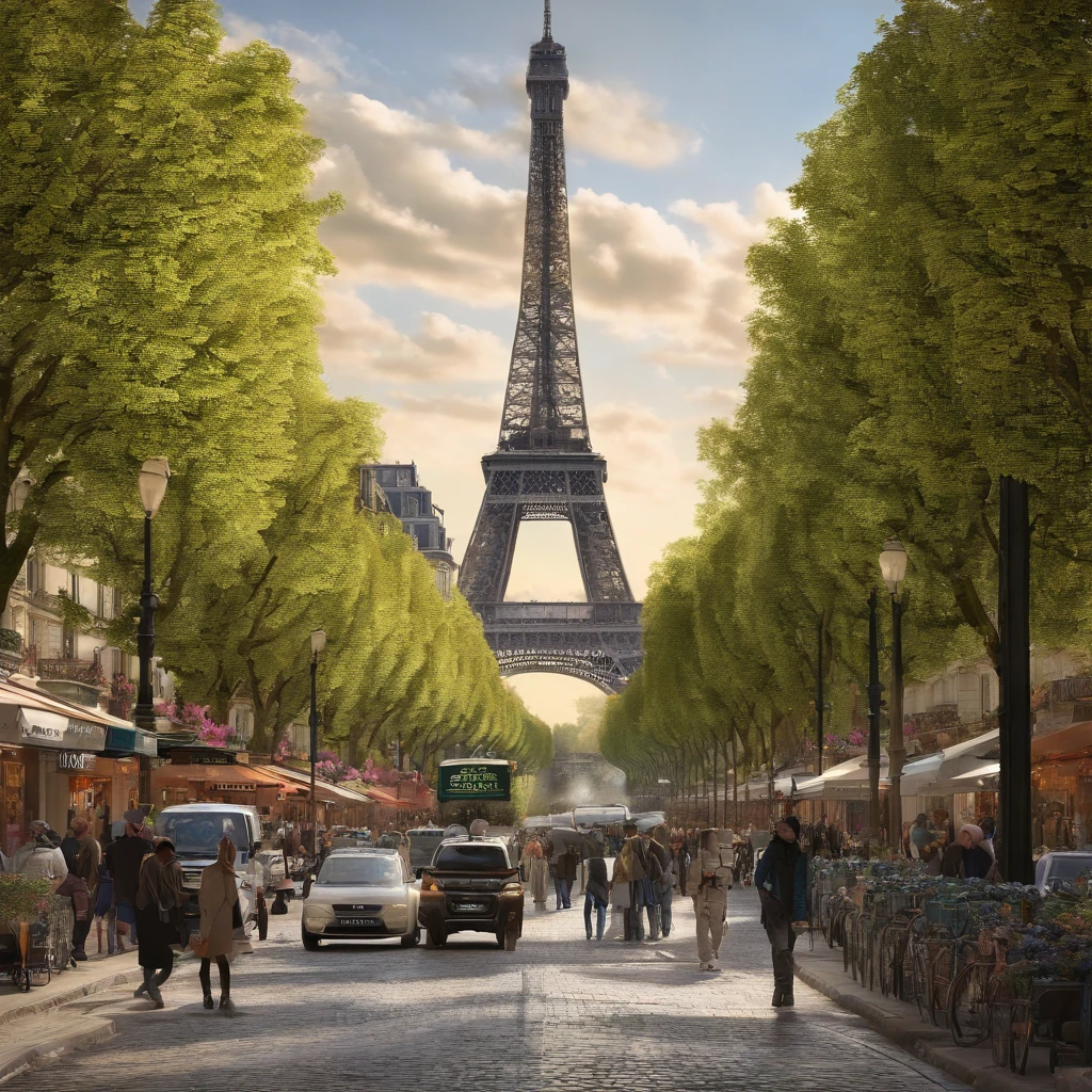 best quality,ultra-detailed,realistic,photography,stunning landscapes,Parisian architecture,beautifully lit streets,bustling city streets,leisurely strolls,the Avenue des Champs-Élysées lined with trees,pedestrians enjoying the scenery,shops and cafes,iconic landmarks,Arc de Triomphe,Eiffel Tower in the distance,vibrant colors,subtle golden hues,gentle sunlight,immaculate attention to detail,lush greenery,floral arrangements,impressionistic atmosphere