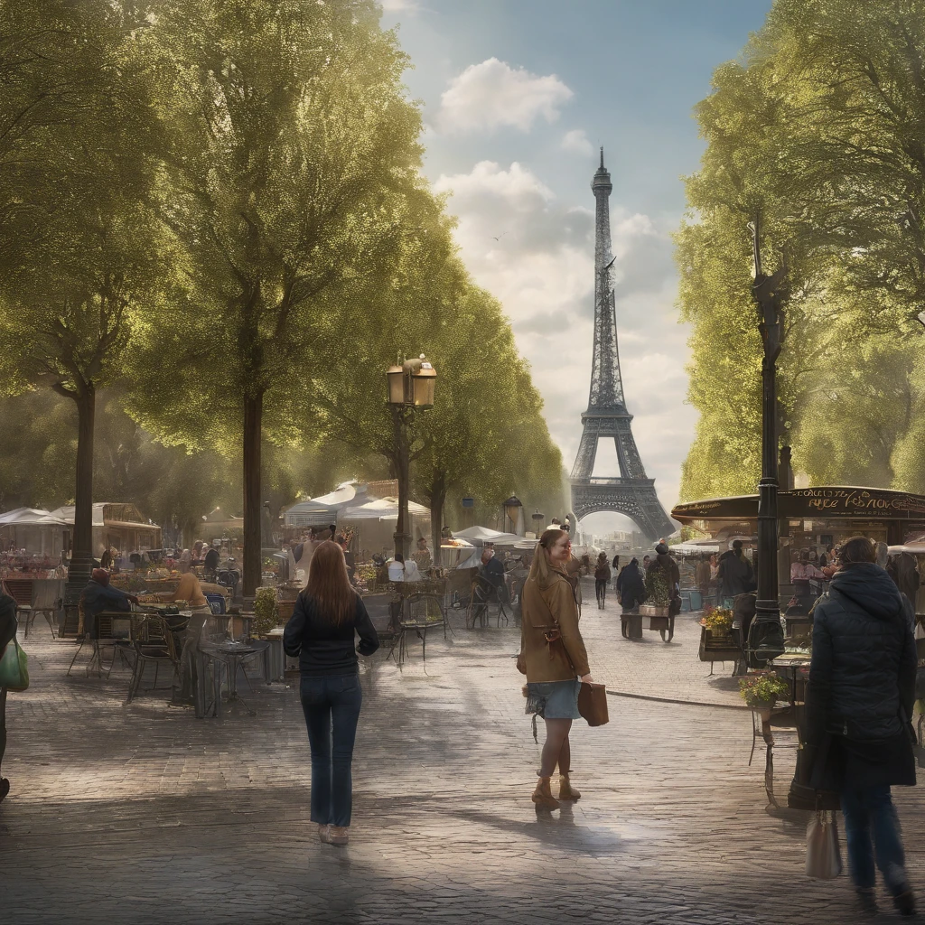 best quality,ultra-detailed,realistic,photography,stunning landscapes,Parisian architecture,beautifully lit streets,bustling city streets,leisurely strolls,the Avenue des Champs-Élysées lined with trees,pedestrians enjoying the scenery,shops and cafes,iconic landmarks,Arc de Triomphe,Eiffel Tower in the distance,vibrant colors,subtle golden hues,gentle sunlight,immaculate attention to detail,lush greenery,floral arrangements,impressionistic atmosphere