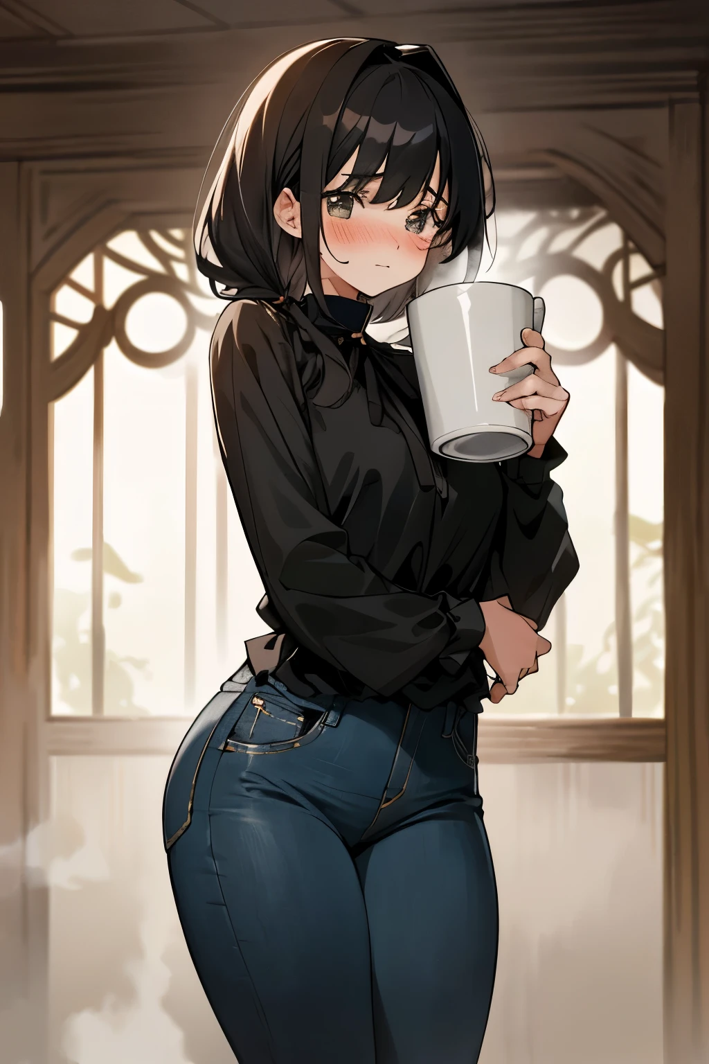 An anime-style image of a girl in a high-necked black blouse, tight jeans, and sneakers, with her head lowered in embarrassment as she holds a large cup of steaming soup. Her rosy cheeks are prominent as she tries to keep her mouth shut and hide her blushing face. In the background, there might be a cozy and dimly lit room with soft furnishings. However, there's an unexpected accessory - a thick metal collar encircling her neck, adding an element of mystery to the scene.