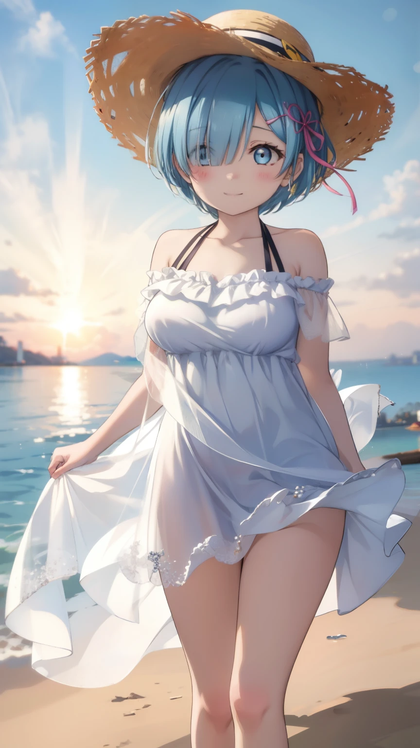 Re:Zero's Rem、light blue hair、short hair、table top、High resolution、big and full 、naughty body、See-through、throw、、whole body、Look up at me、gentle smile、wink、blush、The shape of a woman's private parts is clearly visible、I can see your nipplesskirt、micro mini skirt、very short skirt、bare chest、show your chest、Upper grade、A lot of milk comes out from the nipples、Breastushes fr nipple、very big breasts、sho chest、bare hat、white dress、sandy beach、sunset、Madder sky、sunset beach、seaside、sandy beachで四つん這い、bangs that cover one eye、pink hairpin、white sandals、from below、Low - Angle