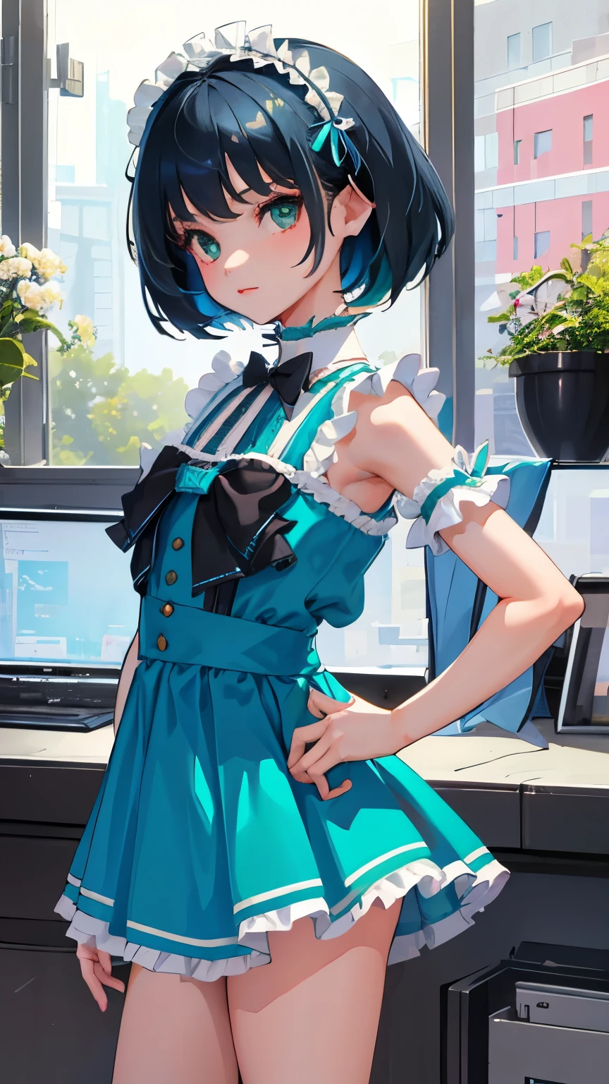 (short cute girl，small young student，young delicate girl）,（masterpiece，Top quality)，light blue lolita outfit，shorts，black hair twintailucha，card