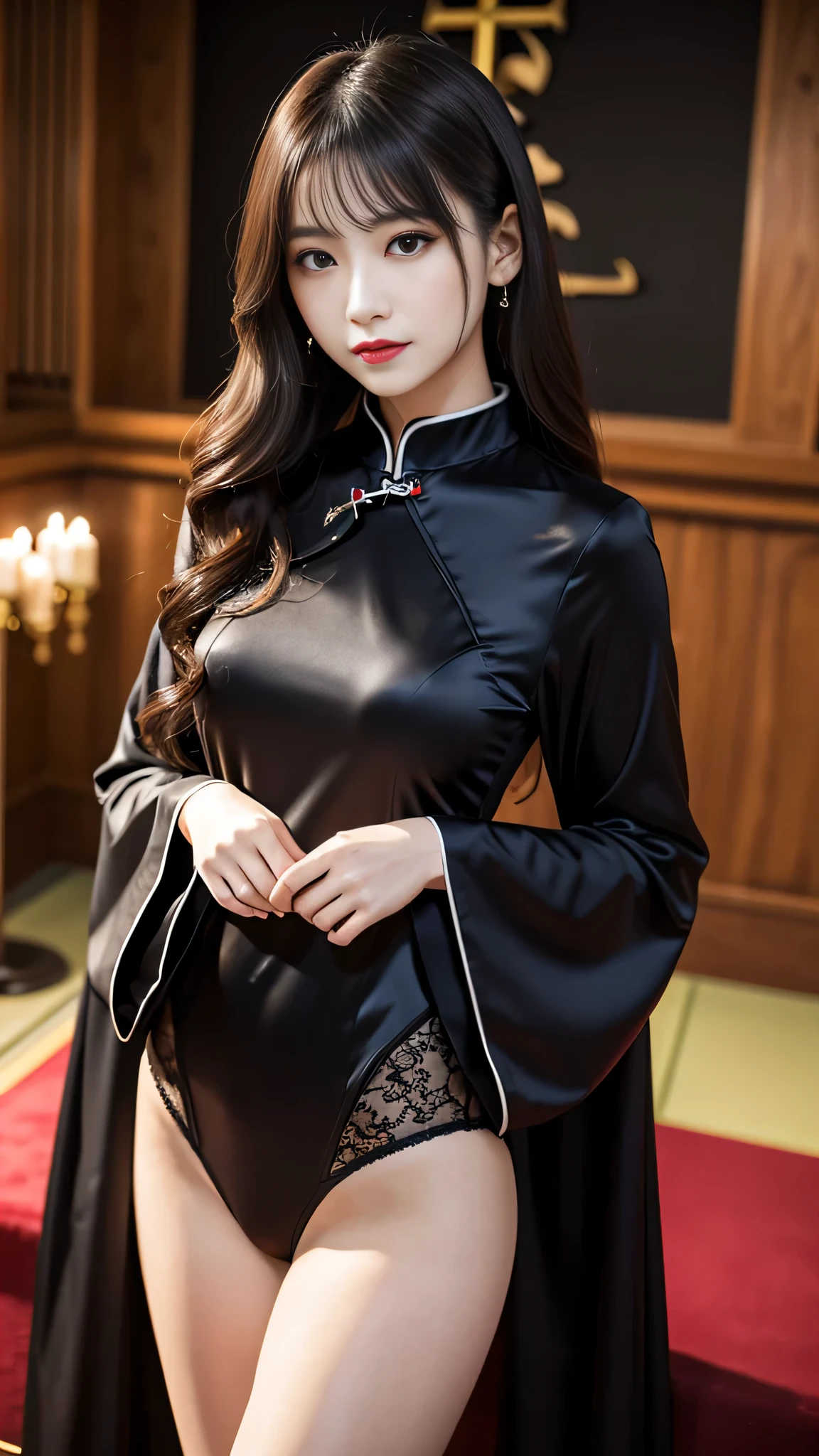 Super detailed、Japanese、charming beauty、seductive adult woman、Beautiful woman、sharp eyes、cool girl、wavy hair、long black cheongsam、wide sleeve、Lustrous legs、evilの幹部、evil depravity、brainwashing、Mind control、lipstick、grin、evilな表情、evil、empty eyes、evil、church at night、vampire、vampire、Hypnosis、brainwashinging、Contrasting、injection needle
