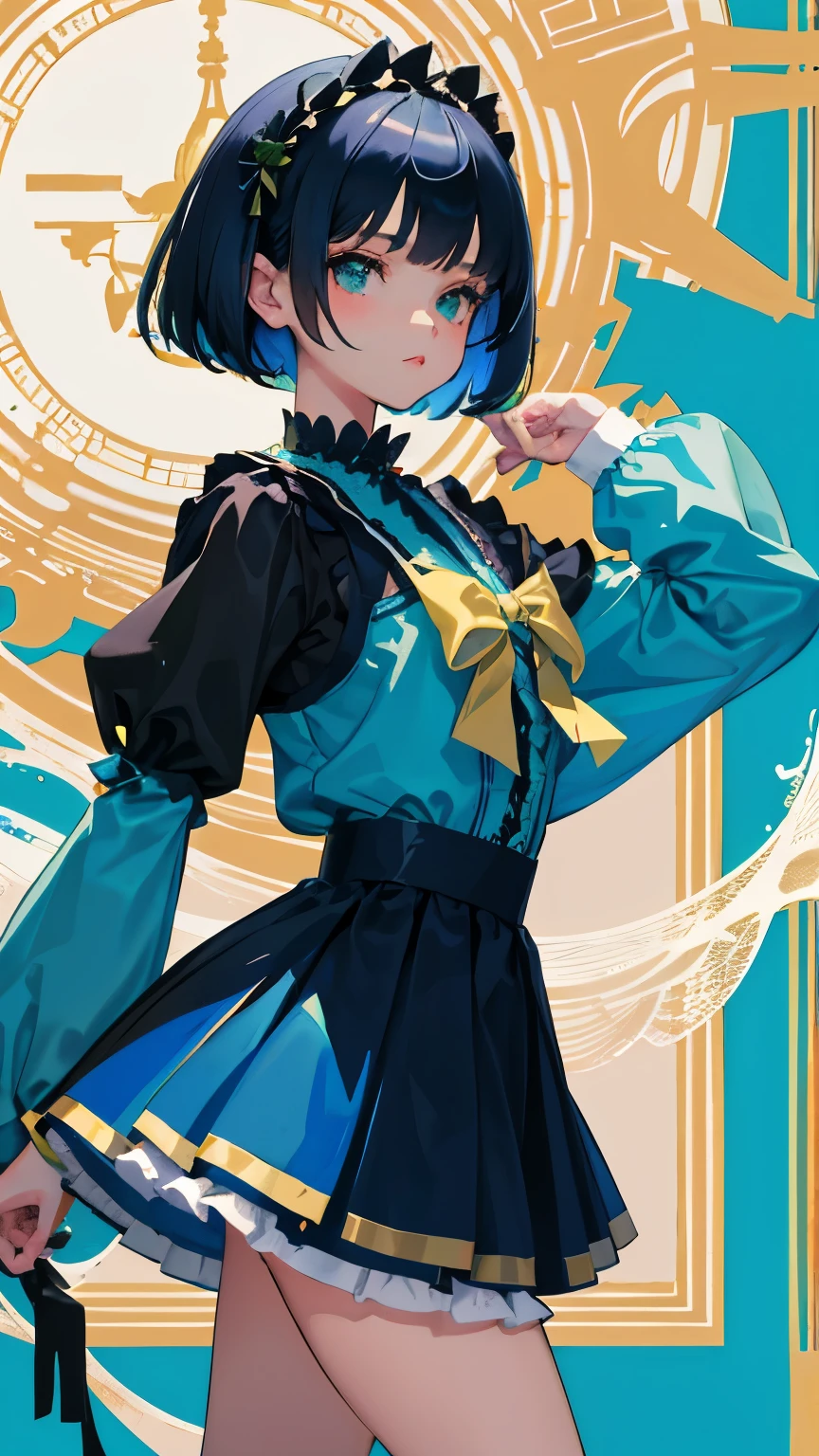 (short cute girl,small young student,young delicate girl),(masterpiece,Top quality),blue green lolita outfit,shorts,black hair