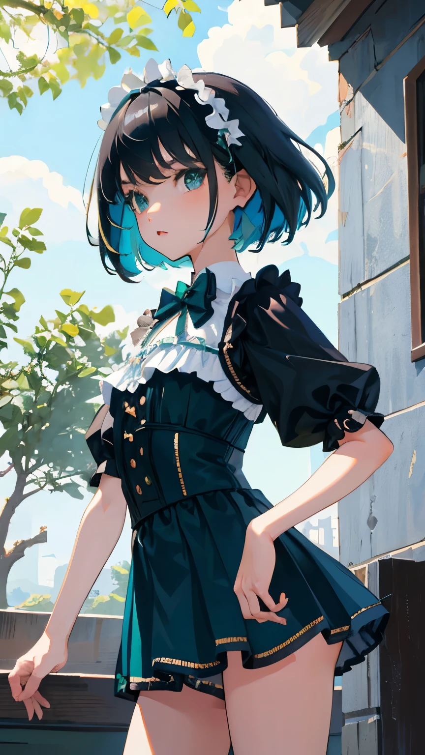 (short cute girl, young studeg delicate girl),(masterpiece,Top quality),blue green lolita outfit,shorts,black hair