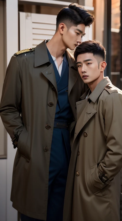 male couple, (Best quality at best),(Dark,feels), Young person, 20-year-old twink age men, Two guy,detailed black eyes, Japanese people of Italian descent men in uniform standing in front of building, in full military garb, in a soldier uniform, Inspired by Zhang Sengyao, Wearing navy uniform, Wearing imperial equipment, Inspired by Oka Yasuyu, ，Dark skin, ((Very relaxed and lazy look)),((Unintentionally exposing chest muscles)), Handsome male, Handsome chad chin, attractive, elegant, Sexy masculine, Attractive posing, attractive male,Lift little head， wearing an army coat,（closeup portrait), showing off his hairy pecs, (Show hairy chest muscles)，(Short beard), wear one without buttons, Wearing a long trench coat, Show hairy chest muscles), (Short beard), Charming and serious look，Disheveled clothing，Perfect body anatomy，Beautiful man face detail，perfect foot，perfect hand, Ultra-low angle shooting, ((SWF))