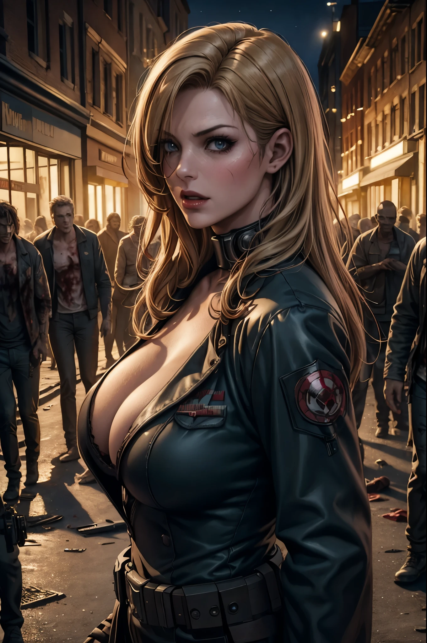 super fine illustration, ultra high resolution, masterpiece, highest quality, perfect shiny shinny skin, perfect lighting, detailed lighting, dramatic shadow, ray tracing, 1 beautiful white milf,  Alice Abernathy - Resident Evil Serieilla Jovovich:1.2)), looking at the viewer, small breasts, beautiful detailed hazel eyes, sharp face, clear eyes, red lips, long bangs, medium curly hair, blond hair, ((cyberpunk dark street)), ((background with zombie group)), ((night)), Upper body, battle suit, military harness, looking back,