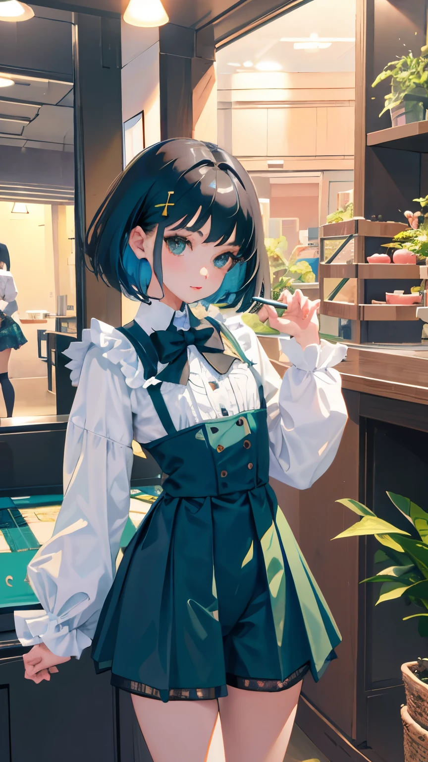 (short cute girl,small young student,young delicate girl),(masterpiece,Top quality),blue green lolita outfit,shorts,black hair