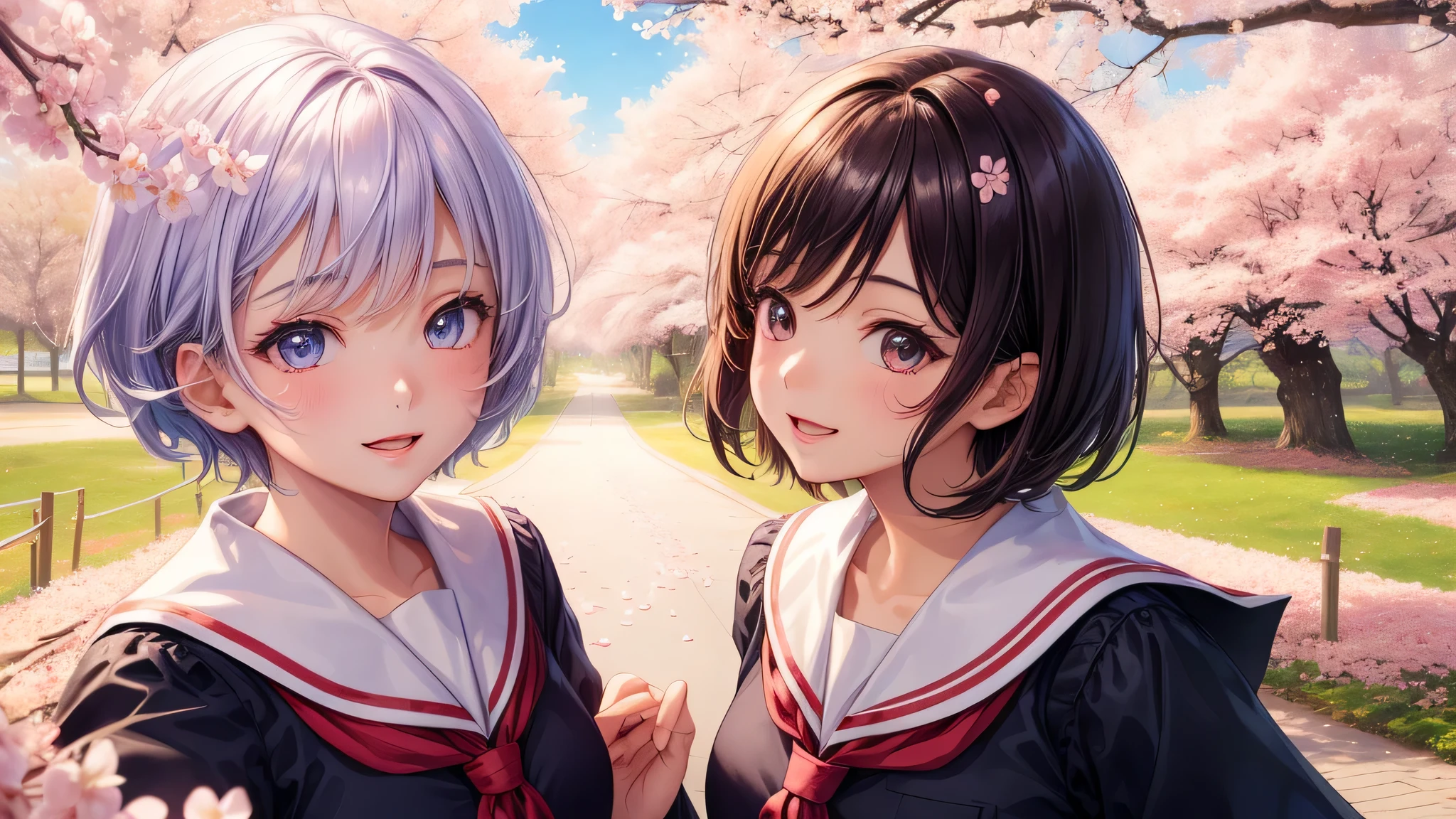 (2 girls:1.2), cute face, shining smile, (short hair:1.2), (school uniform, mini skirt:1.2), (highest quality: 1.4), (Super detailed), (highest quality:1.4), (super detailed), (cherry blossomsのトンネル in full bloom, cherry blossomsのトンネル), road, Day光, cherry blossoms, cherry blossoms,  Sunny, cloud, Day,  blue sky, (anime illustration), very high resolution, (Upper body), close up face