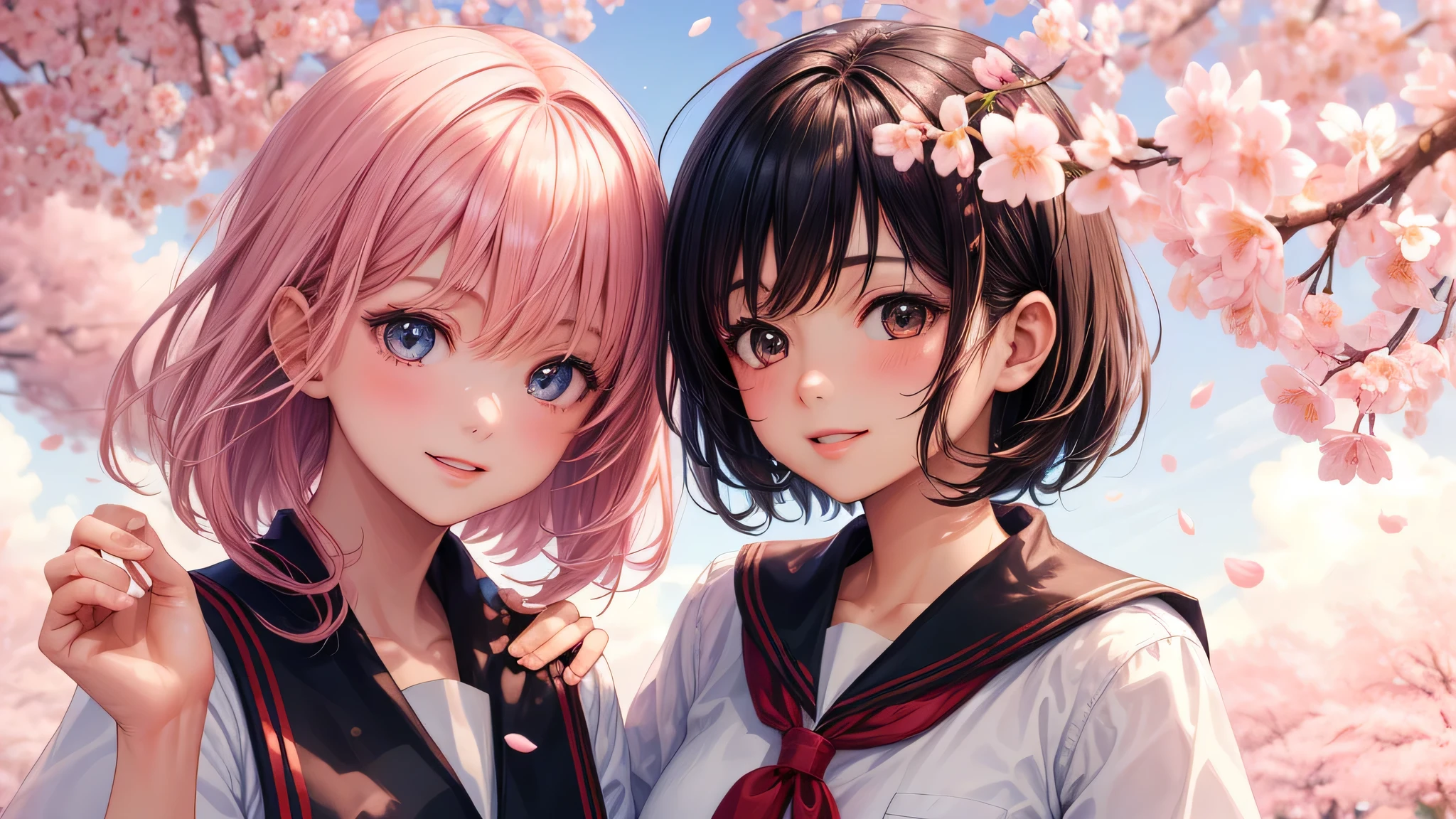 (2 girls:1.2), cute face, shining smile, (short hair:1.2), (school uniform, mini skirt:1.2), (highest quality: 1.4), (Super detailed), (highest quality:1.4), (super detailed), (cherry blossomsのトンネル in full bloom, cherry blossomsのトンネル), road, Day光, cherry blossoms, cherry blossoms, Sunny, cloud, Day, blue sky, (anime illustration), very high resolution, (Upper body), close up face