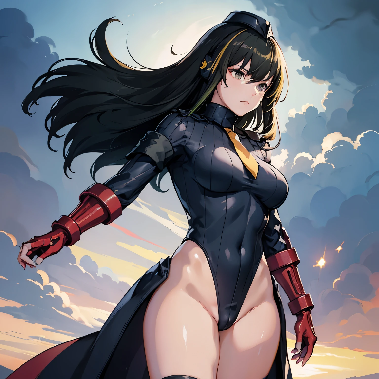 ultra-detailed, Explicit, Beautiful body, Beautiful Nose, Beautiful character design, perfect eyes, perfect face, ultra highres, 4K, beautiful legs, perfect legs, Nice hands, Perfect hand, Masterpiece, Best Quality, Highly detailed, illustration, absurdres, perfect anatomy, street fighter, doll suit, shadaloo doll, dollsuit, expressionless, blank eyes, looking at viewer, red gloves, emotionless, black latex, corrution, mind control, female combatant, full body, hypnotized, unhappy trance, full body suit, ribbed bodysuit, both arms at side, obey, perfect female body, extremely glossy latex, hypnosis, hypnoLora, empty eyes, Mind control device, poses, submissive_pose, Slave, standing straight, standing, standing at attention, hat, necktie, belt, latex, ribbed bodysuit, thighhighs, garter belt, Fighting Stance, extending the right arm from the shoulder into the air with a straightened hand, military, thigh boots, 1girl, hair ornaments, black hair, green hair, long hair, amber eyes, multicolored hair, (((pixel-perfect, detail-perfect))), solo, 1girl, M4a1, Girls' Frontline, holding gun, holding m4a1, headphone