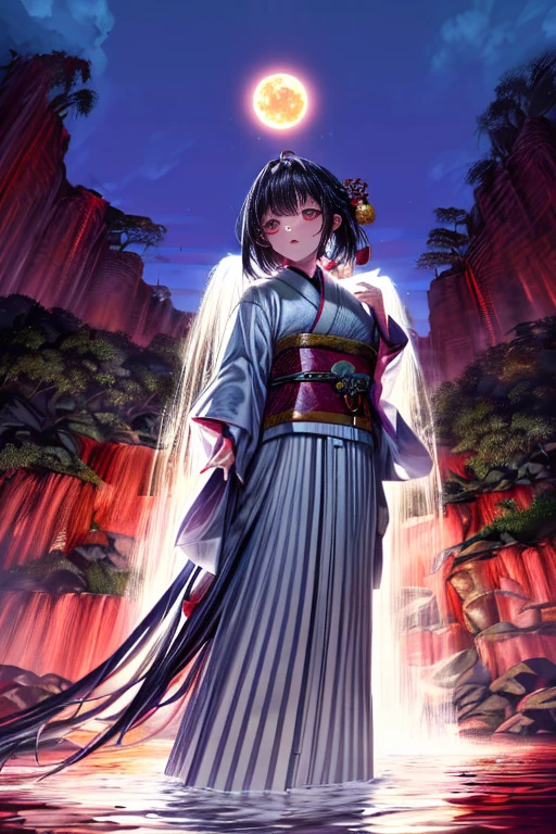 One woman, dressed in traditional (white Japanese attire:1.2), (fully clothed:1.2), stands under a towering waterfall during the stillness of the night. The water cascades down her back, catching the moonlight and creating a mesmerizing scene. Her long, dark hair is plastered to her back, and her face is aflame with blushing embarrassment. She closes her mouth tightly, trying to keep her gasps and moans contained. Her kimono, now saturated, clings to her curves, revealing her lithe figure. The cool water of the fall contrasts with the warmth emanating from her body, as she undergoes the ritual purification of misogi.