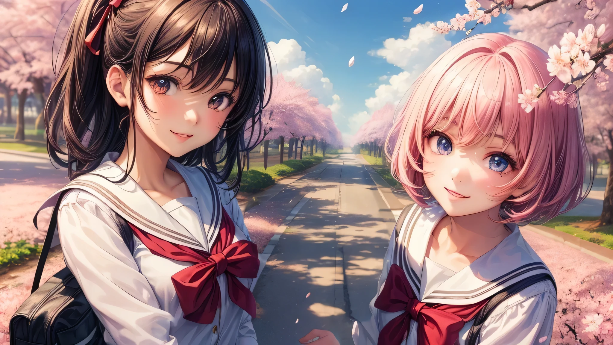 (2 girls:1.2), cute face, shining smile, short hair, (school uniform, mini skirt:1.2), (highest quality: 1.4), (Super detailed), (highest quality:1.4), (super detailed), (cherry blossomsのトンネル in full bloom, cherry blossomsのトンネル), road, Day光, cherry blossoms, cherry blossoms,  Sunny, cloud, Day,  blue sky, (anime illustration), very high resolution, (Upper body), close up face