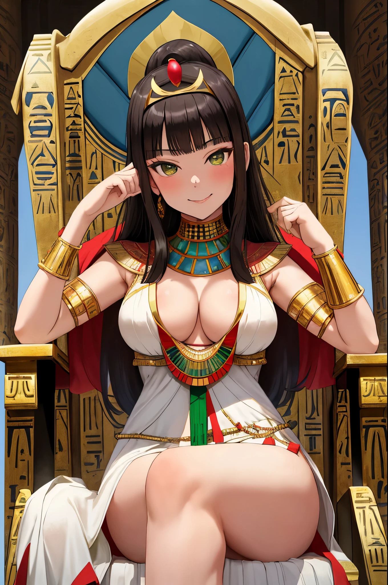 Masterpiece,Dia Kurosawa,beautiful ,arrogant,(sitting on throne),cleavage, thighs, (white exposing Egyptian dress), tiara,in Egyptian desert,smile ,(green eyes:0.9), crossed legs 