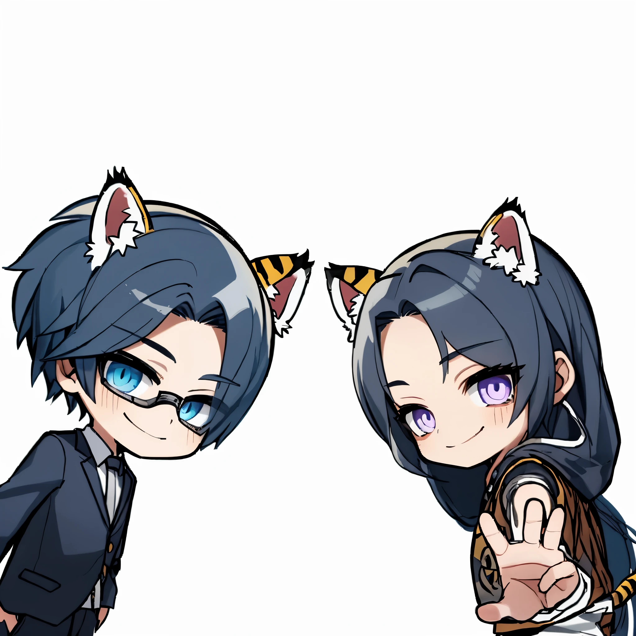very smiling、chibi character、whole body、Both are facing forward with both hands raised.、A man's one hand is a peace sign、tiger ears、tiger tail、the man's eyes are blue、woman's eyes are pink