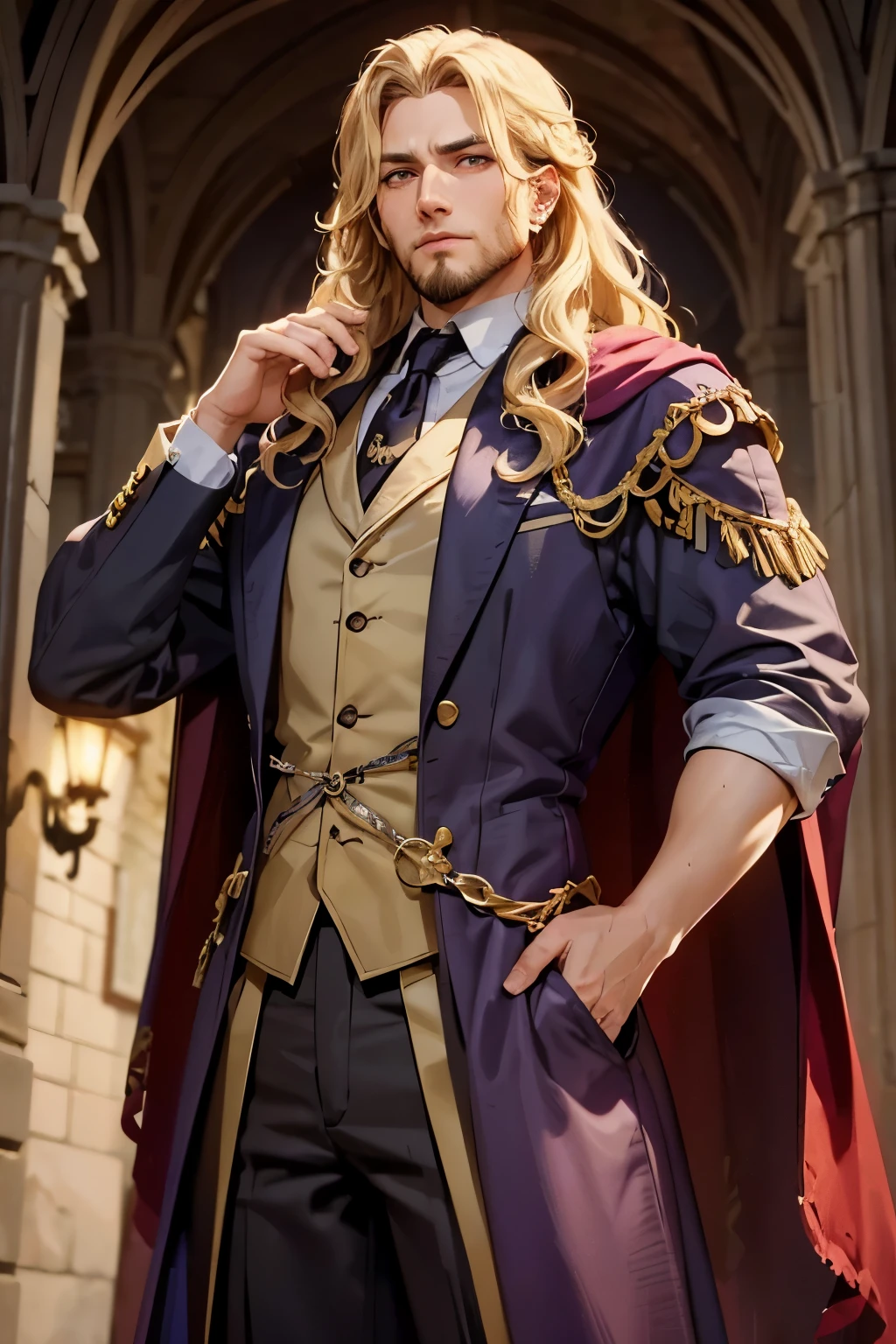 male, late 30s, ((blond, shoulder-length, middle-part wavy hair)), light purple, deep-set, Sanpaku eyes, slightly thick beard, aquiline and hooked nose, slightly underbite, chiseled, slightly long face, fearless expression, strong and dependable body, medieval European formal attire, portrait