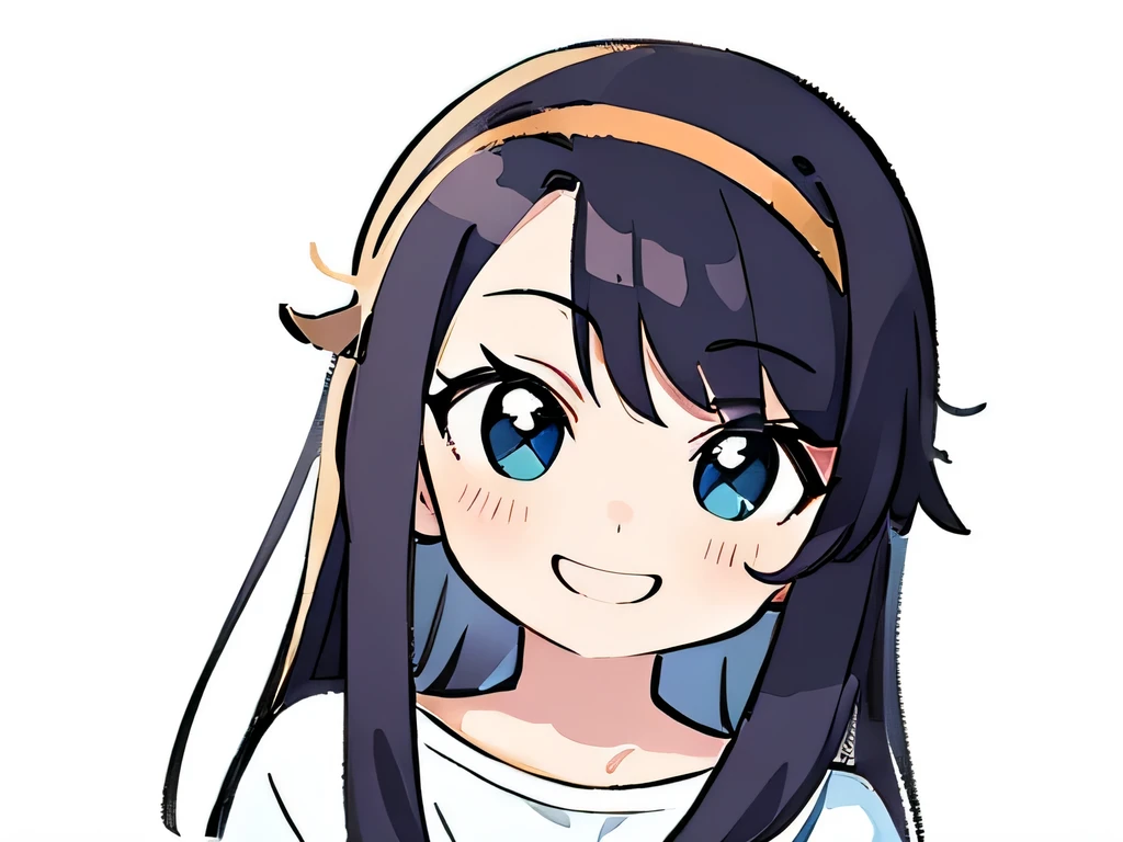 Perfect anime illustration, portrait  of a 9 year old , big eyes, having long silky hair, t-short, smiling, cute, wearing head band