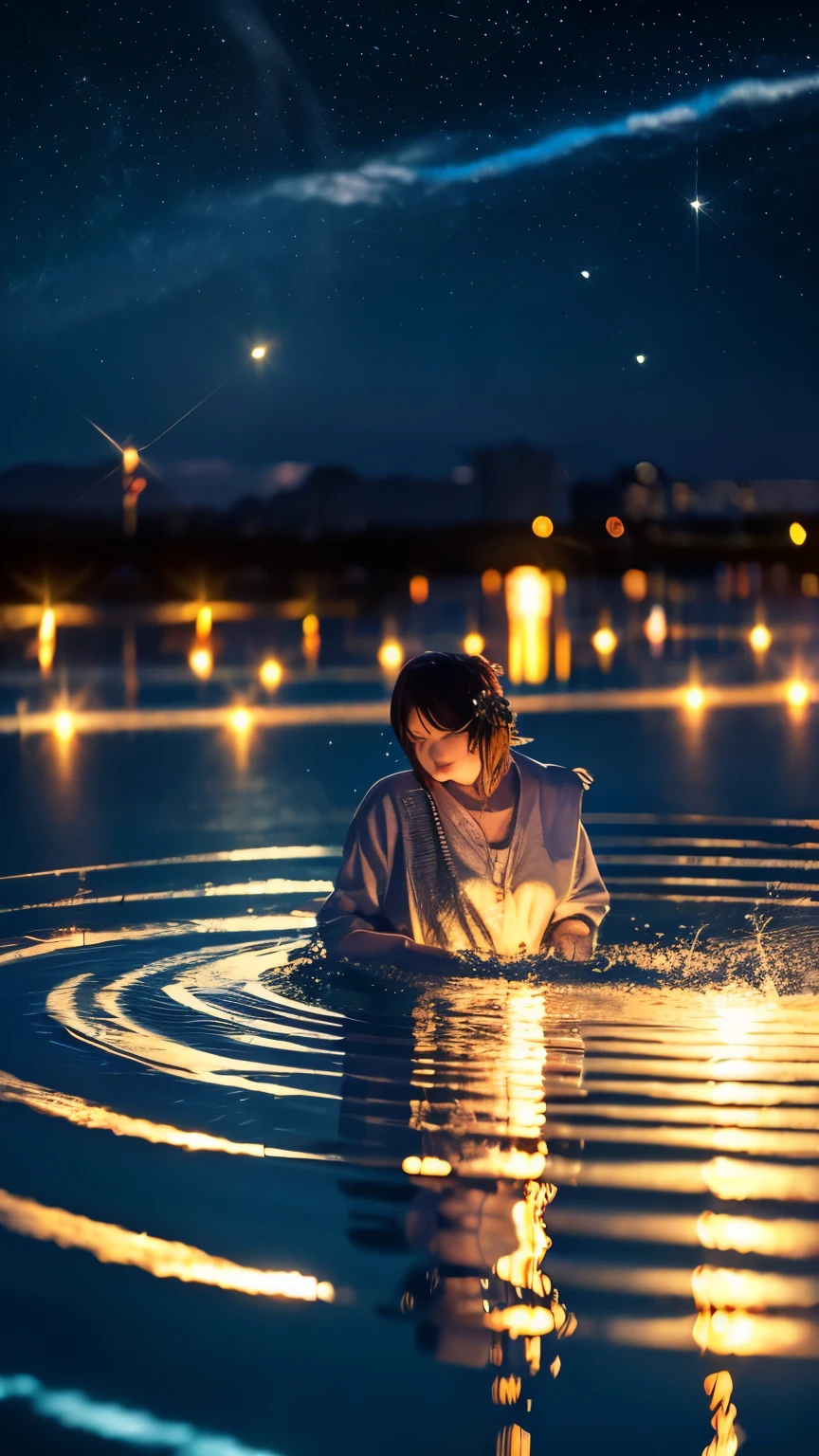 music notes in an anime character, in the style of sparkling water reflections, the stars art group (xing xing), 32k uhd, nightcore, bronze and azure, dreamlike introspection, sonian