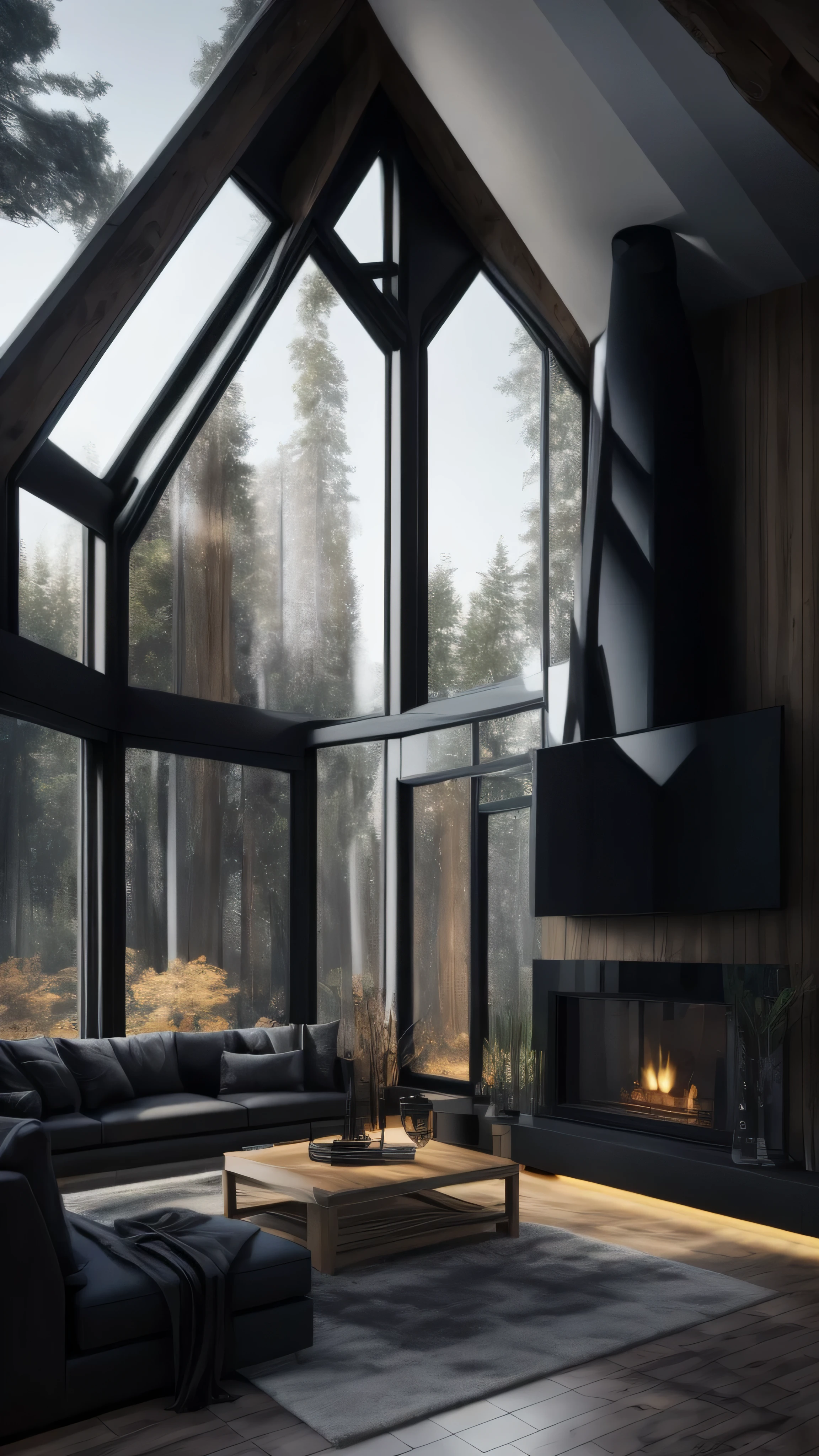 arafed living room with a fireplace and a large window, cosy atmoshpere, archviz, minimalistic house in the wood, house in forest, architectural visualization, vray 8k render, tall obsidian architecture, warm interior, modern house in the wood, unreal engine realistic render, large glass windows, natural window lighting, dark interior, cozy place