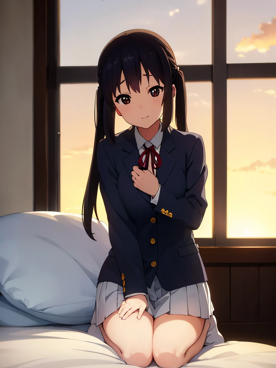 1girl, (((​masterpiece))),(((full body))), wallpaper HD, top-quality, top-quality, High Details, nakano azusa, 1girl, Sakuragaoka High School Uniform, student clothes, Twin-tailed, length hair, A dark-haired, brown-eyed, solo, reddish, Dark blue blazer with thin red ribbon, Solid white buttoned shirt under blazer, sleep on the bed, illustratio, comic strip, soothing tones, Subdued Color, Soft cinematic light, adobe lightroom, photolab, HDR, intricately and hyper-detailed、(((depth of fields))))。(((​masterpiece)))。(((top-quality))).)((ultra-detailliert)))。(((illustratio)))。(((takeout))).dynamic focus.big breasts.(((home))).(((A bedroom))).(((Face of happiness))). open smile mouth.(((up chest))).((morning glow)).((the setting sun)).