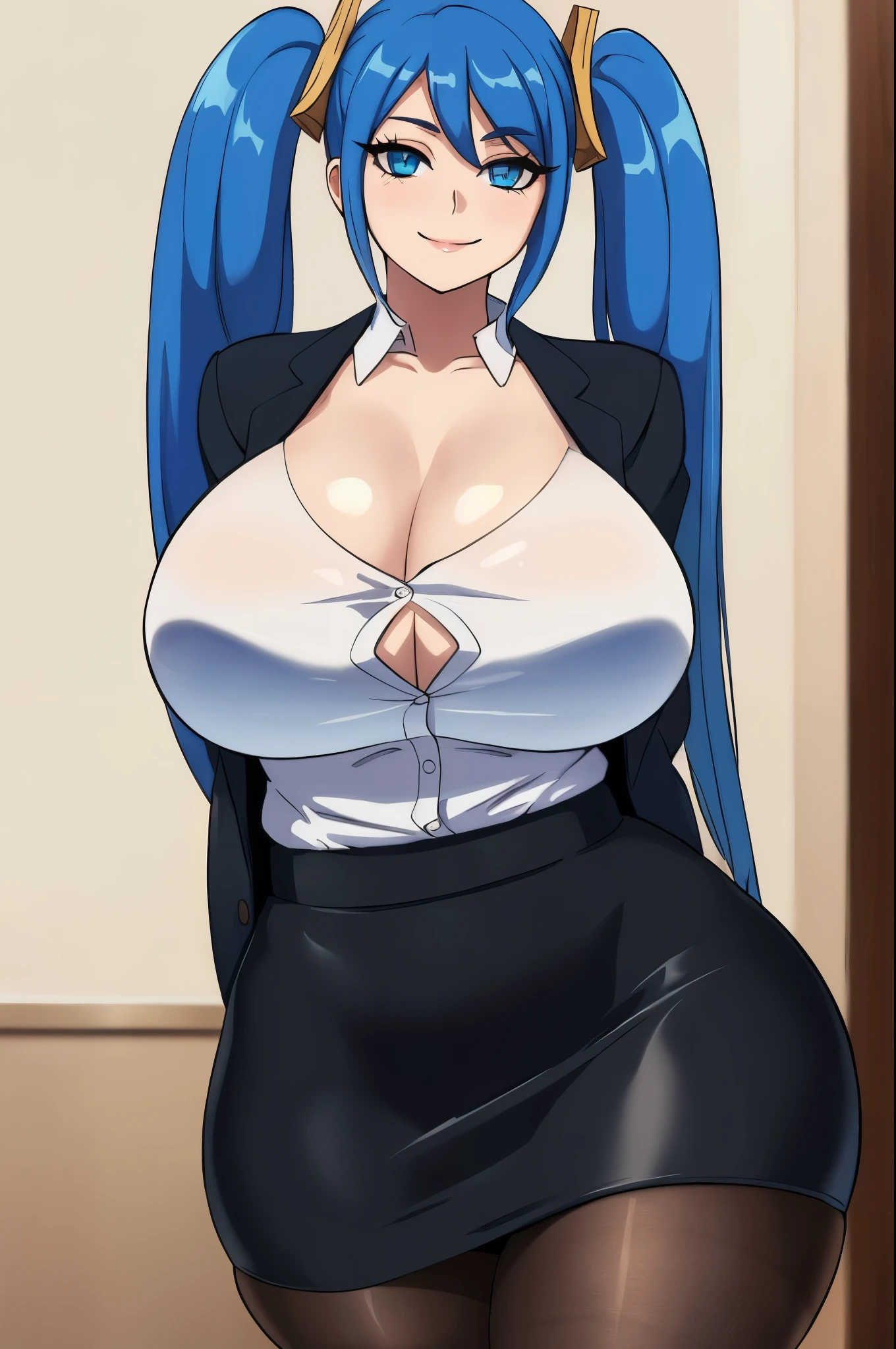 (masterpiece, official art), 1girls, solo, thick, curvy, curvaceous, blue hair, blue eyes, long hair, twintails, sona, (closeup), (huge breasts), fluffy breasts, saggy breasts, skindentation, standing, cowboy shot, simple background, looking at viewer, (full height), smile, seductive, alluring attire, (black pencil skirt), (black pantyhose), (white shirt), (black office jacket), (arms behind back), view from front